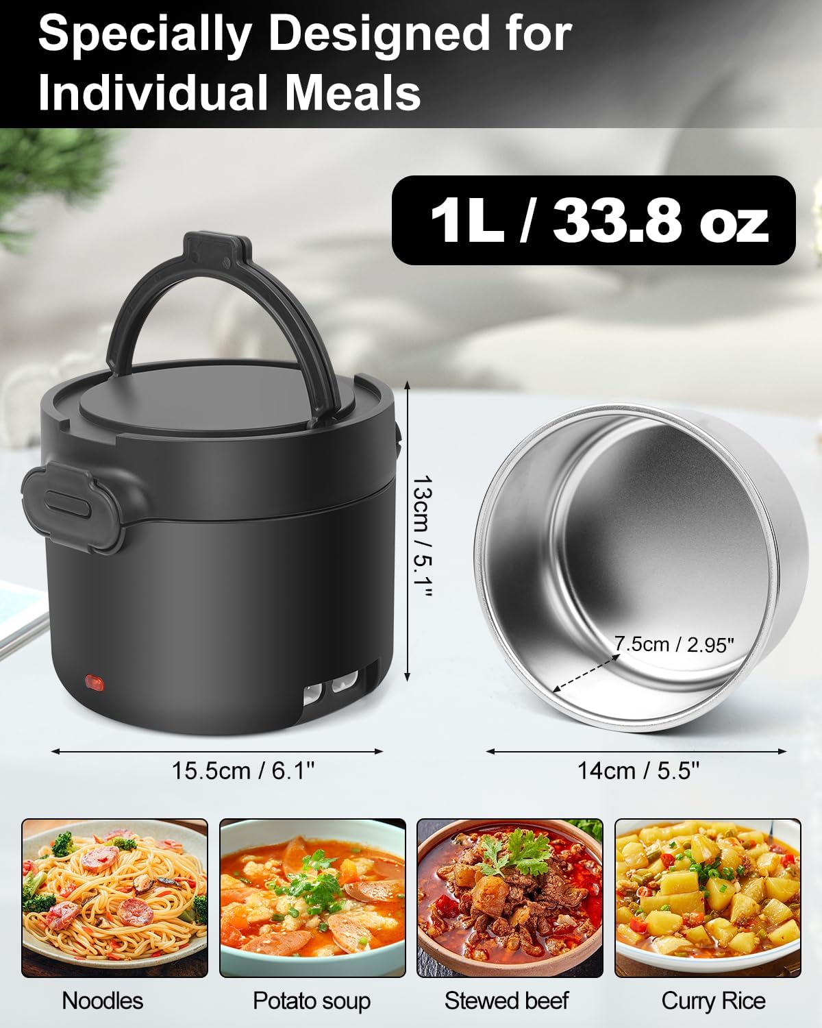 Electric Lunch Box for Men, 1L/34oz 100W Portable Food Warmer Leak-proof Food Heater for Adults 12V/24V/110V for Car/Truck/Office/On-the-Go Travel Black