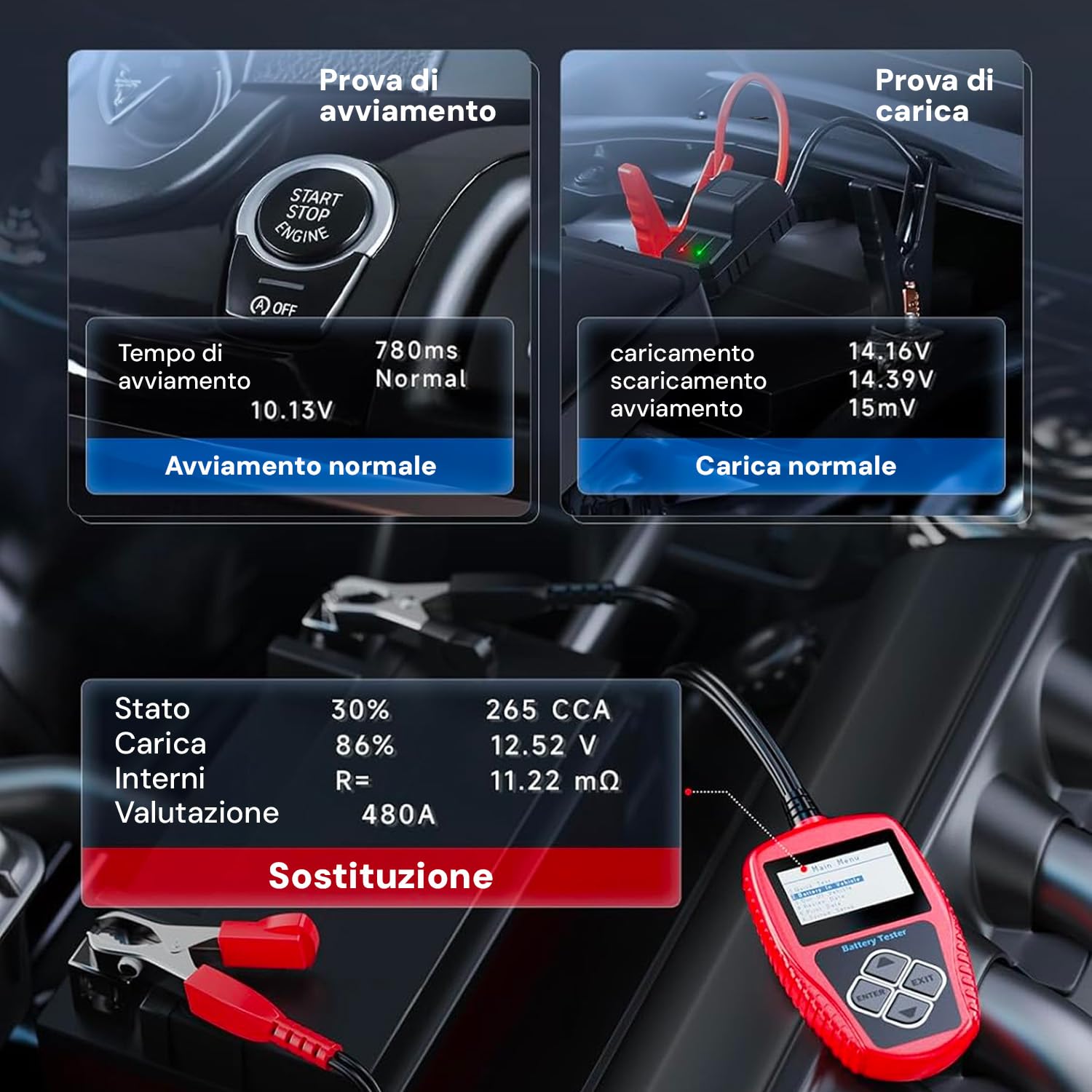 Tester per Batterie e Alternatore di Veicoli da 12V, Universale - Prove Complete della Batteria e Diagnosi dello Stato di Salute