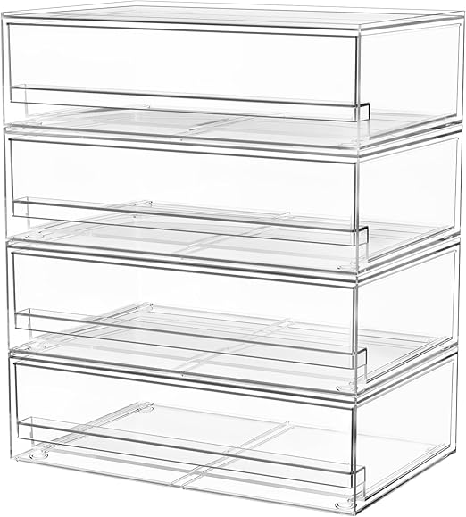 A-LuGei 【𝟰𝗣𝗖𝗦】 Acrylic Stackable Storage Drawers, 11.8" W Makeup Organizer, Bathroom Organizer and Storage, Plastic Storage Bins for Kitchen Cabinet Pantry Medicine Fridge