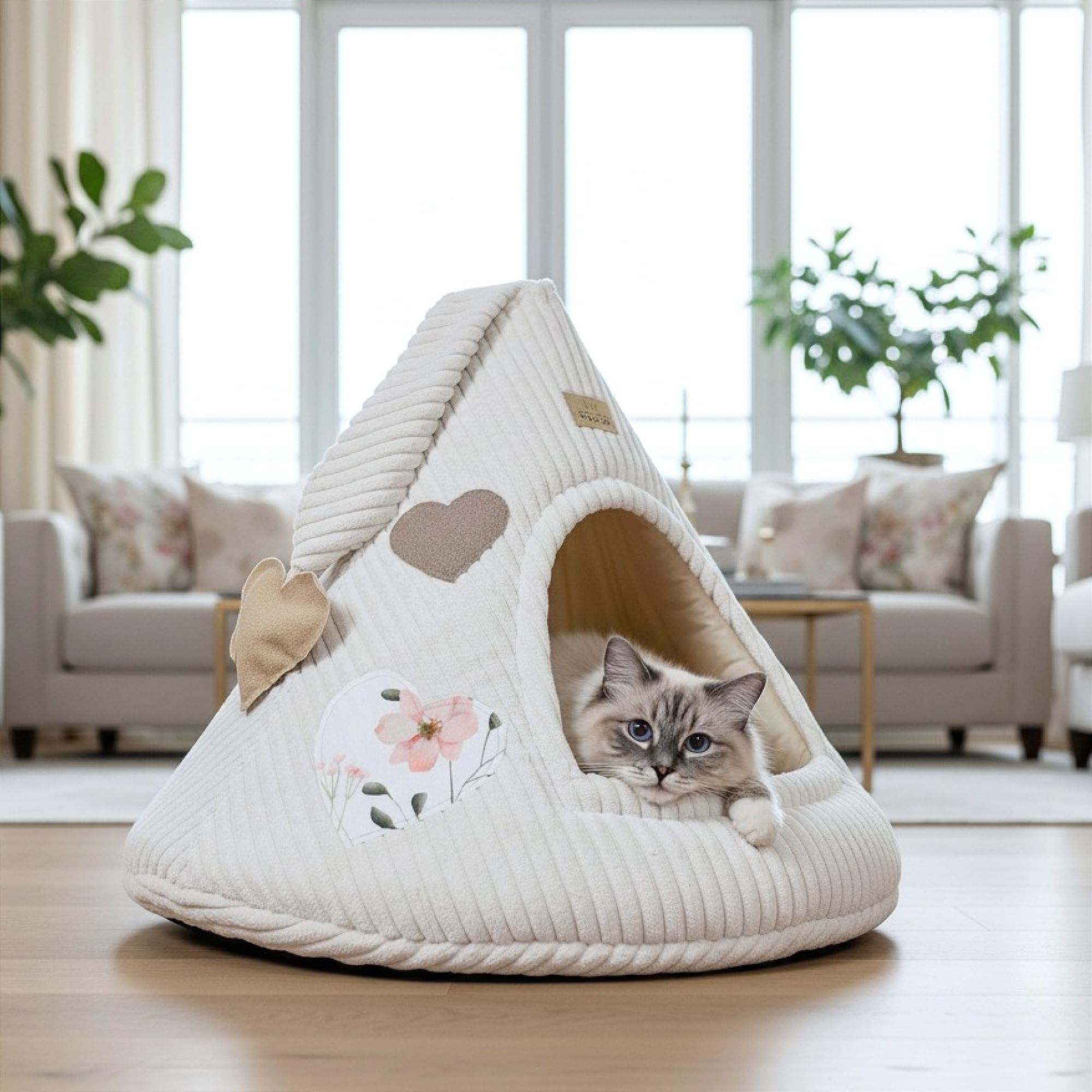 PRASKA Rattle CAT Cap Love Natural Katzenhöhle 50 cm – Tipi-Bett mit integrierter Rassel-Spielzeug, herausnehmbarem Kissen, Herz-Applikationen & Stabiler Form – gemütlich & waschbar