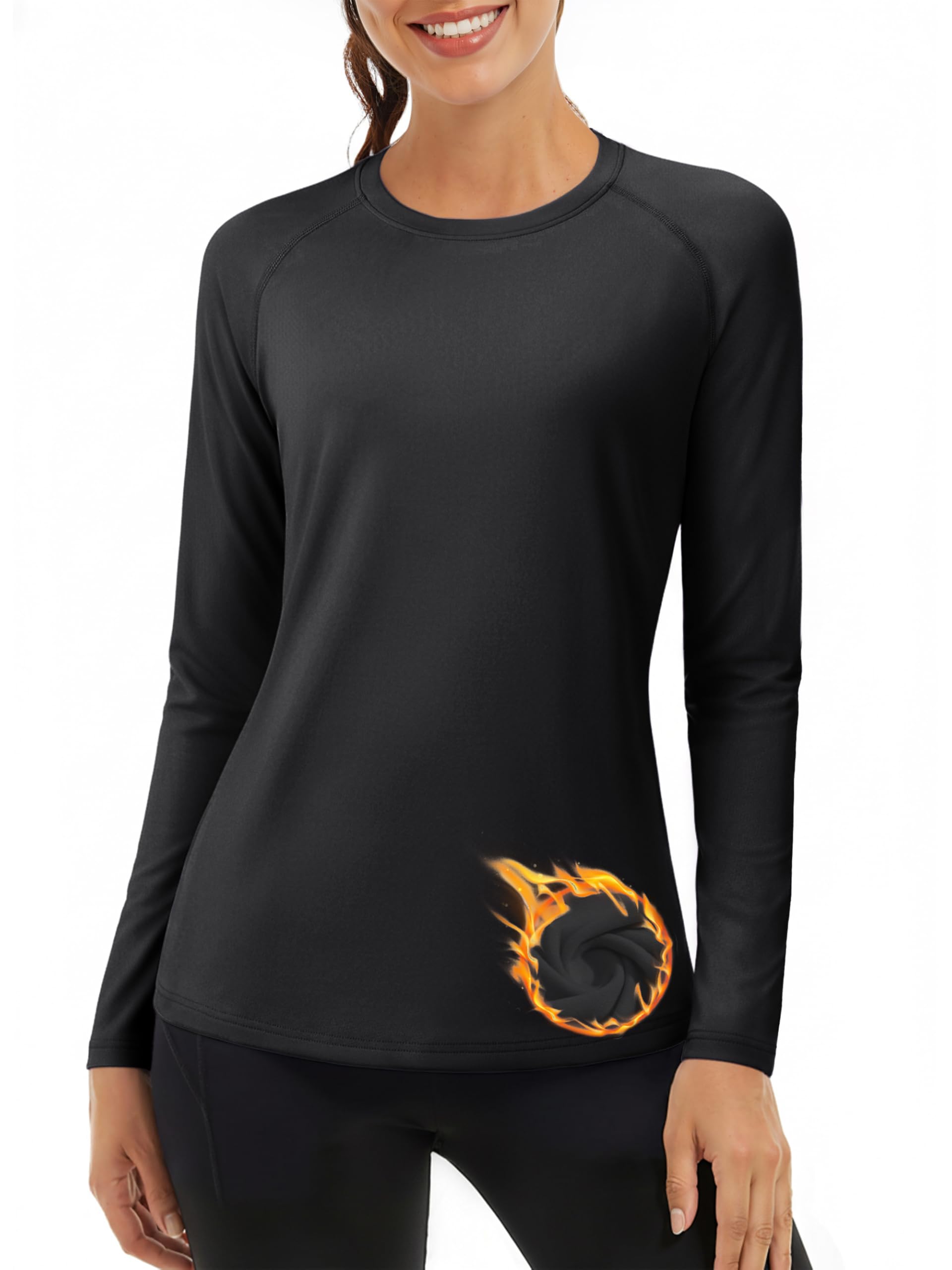 TACVASEN Damen Thermo Langarmshirt Innenfleece Unterwäsche Rundhlas Funktionsshirt Leicht Atmungsaktiv Oberteil