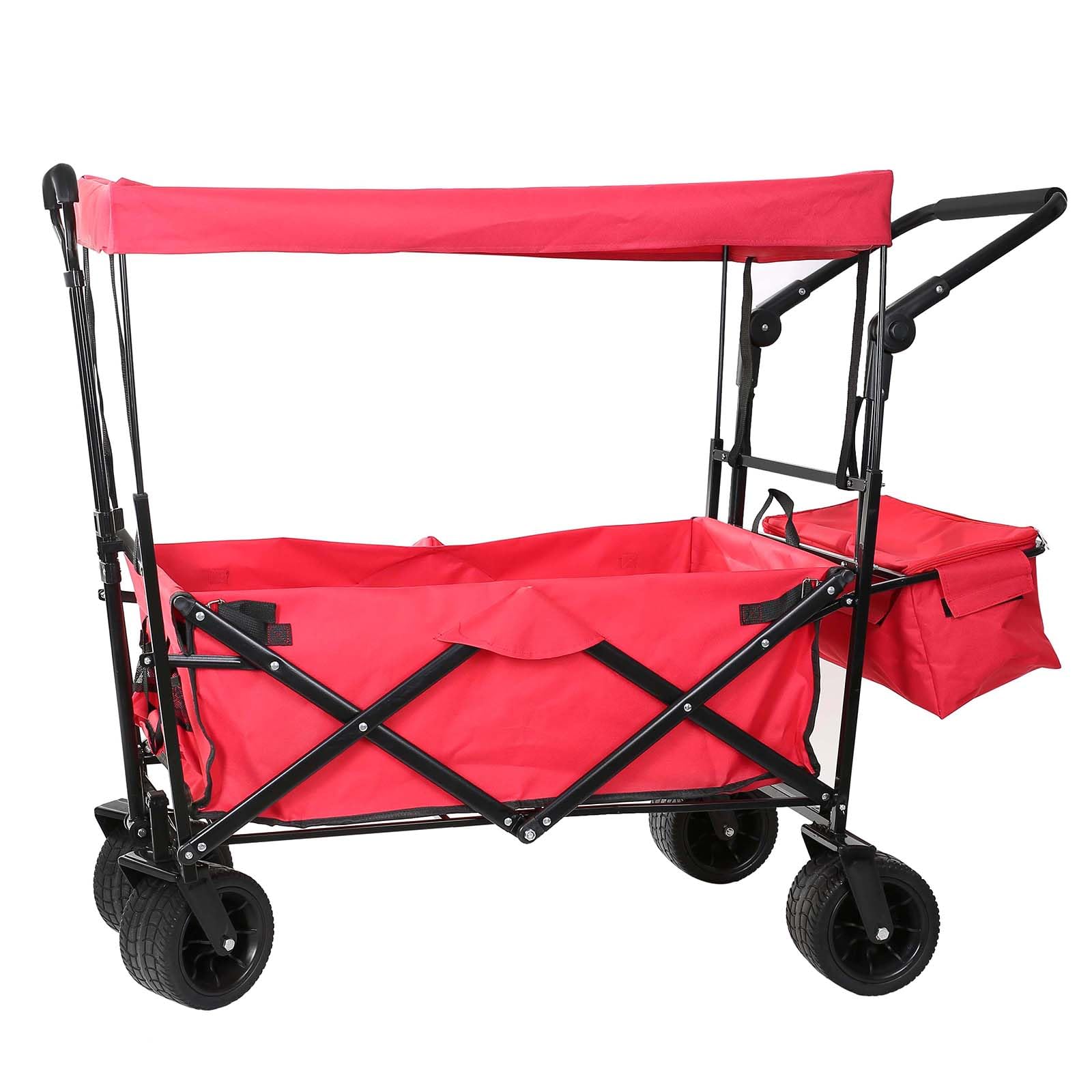 Qualtex Portable Folding Trolley, Push Pull Wagon With Canopy, Adjustable Handle Bar, Transport Wagon, Beach Cart, Garden Cart, Camping Cart, 100KG Load Capacity