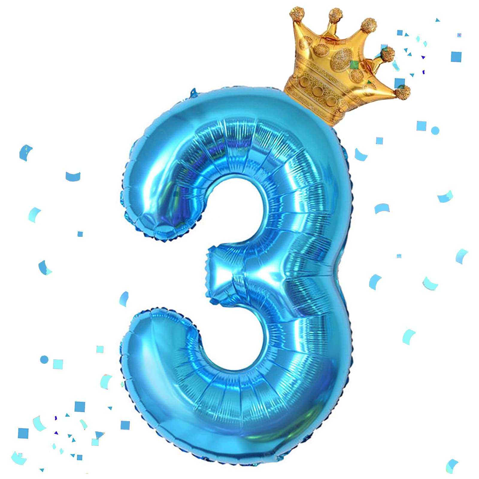 40 Inch Blue Number 3 & Mini Crown Balloon for Birthday Party Decorations, 3rd Birthday Party Decorations Blue Theme Party Balloons Decorations
