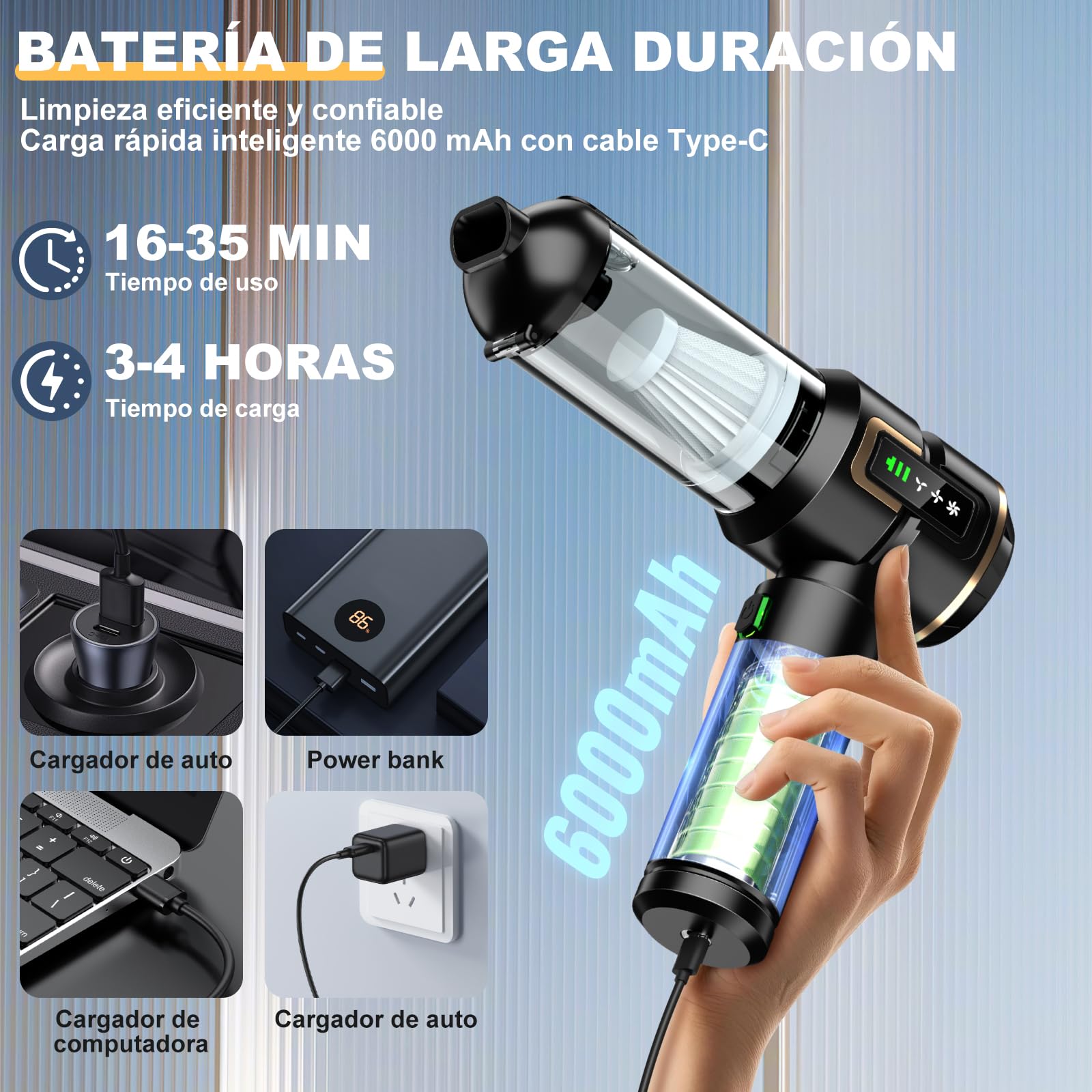 Aspiradora de mano con batería 4 en 1 con pantalla LCD, aspiradora para coche Stark 28000 PA inalámbrico, 3 niveles de 240.000 rpm, mini aspiradora con pantalla para coche, cocina, PC, sofá