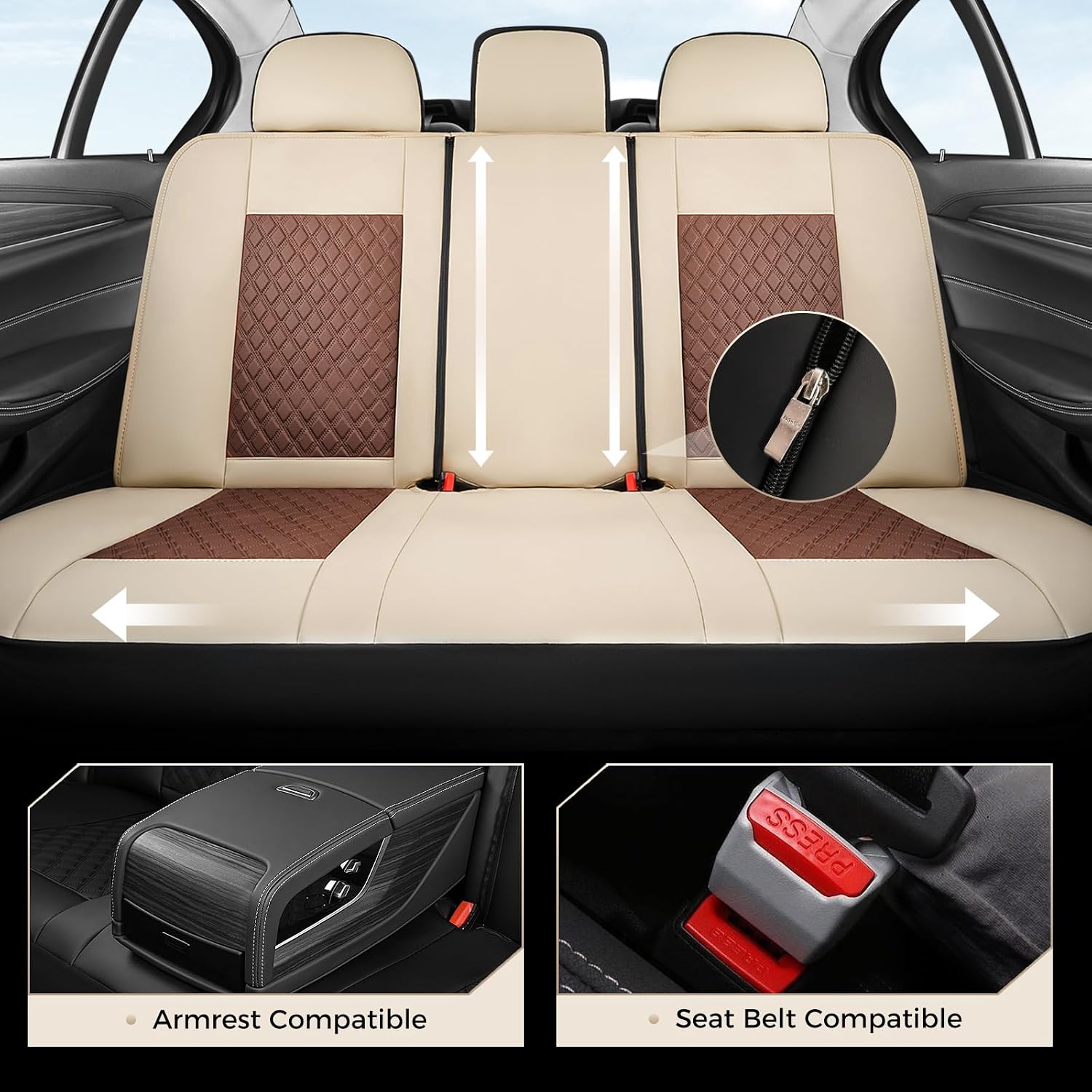Coverado Car Seat Covers Full Set, Beige Brown Car Seat Covers, Luxury Diamond Leather Car Seat Cover with Carbon Fiber Weave, Spill-Proof Seat Cushions, Automotive Seat Cover Universal Fit Most Cars