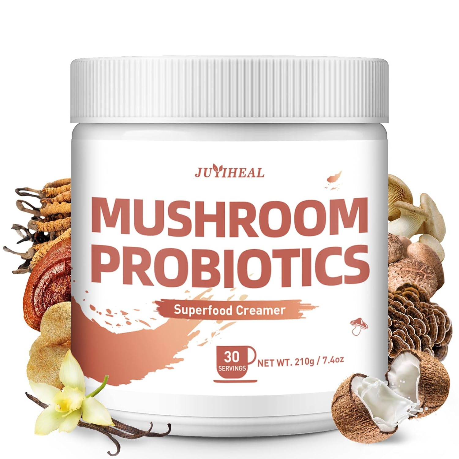 JUYIHEAL Mushroom Coffee Creamer, 210g Mushroom Probiotic Coffee Creamer with Adaptogenic 6 Mushrooms, Cordyceps, Reishi, King Trumpet, Shiitake, Turkey Tail, Lion's Mane for Energy, Focus, Digestion