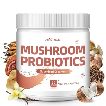 JUYIHEAL Mushroom Coffee Creamer, 210g Mushroom Probiotic Coffee Creamer with Adaptogenic 6 Mushrooms, Cordyceps, Reishi, King Trumpet, Shiitake, Turkey Tail, Lions Mane for Energy, Focus, Digestion