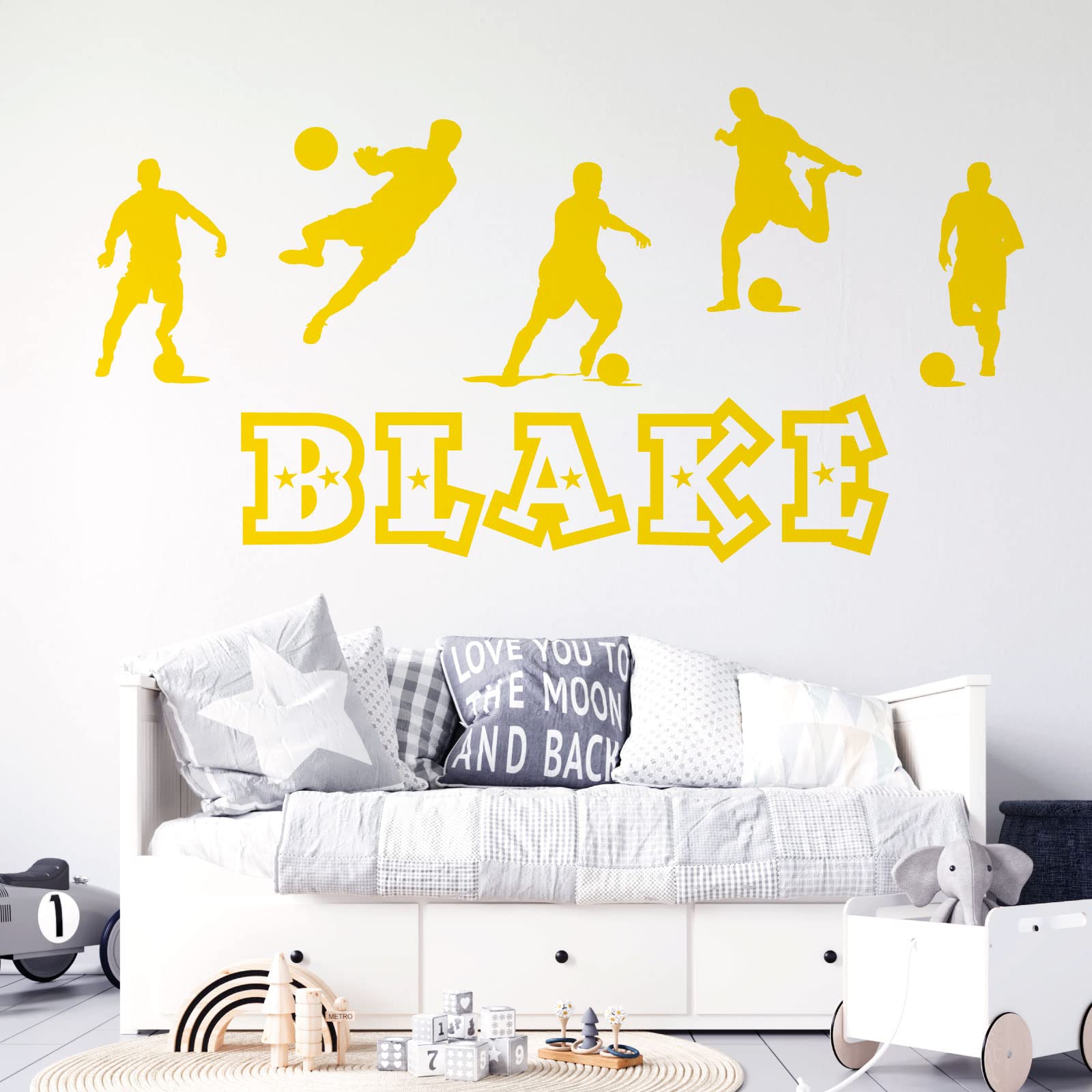 Personalised Name Boys Wall Art Sticker - Football, Soccer Game Silhouettes Theme [Medium] [Medium Yellow]