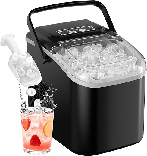 Ice Maker Machine Counter Top, Portable Ice Cube Maker Machine with Carry Handle and Self-Cleaning, 8 Ice Cubes Ready in 6 Minutes, 12KG in 24H, Ice Machines for Home/Party/Office