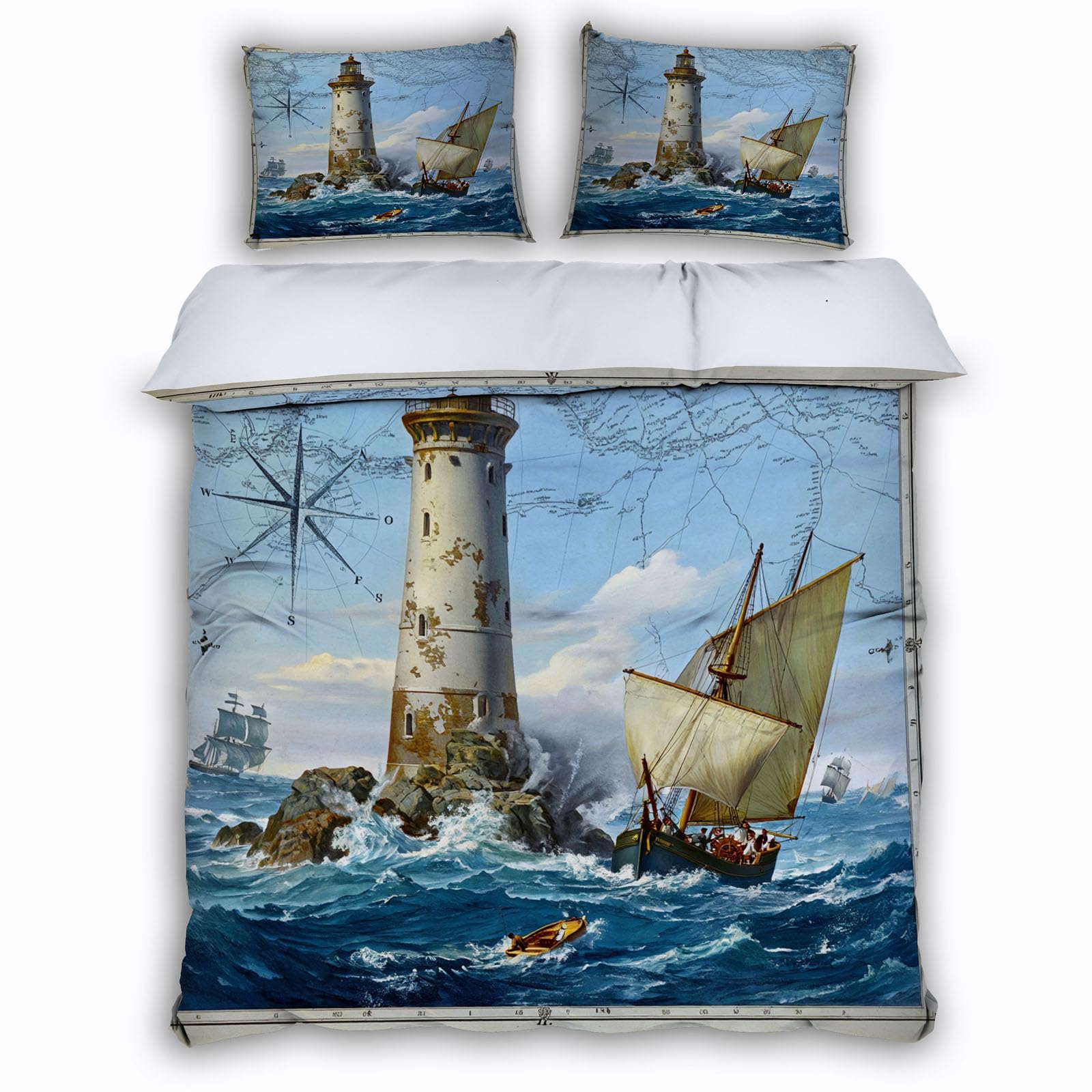 Housse de couette phare 2 personnes 200x200 parure maritime ocean en microfibre avec taies