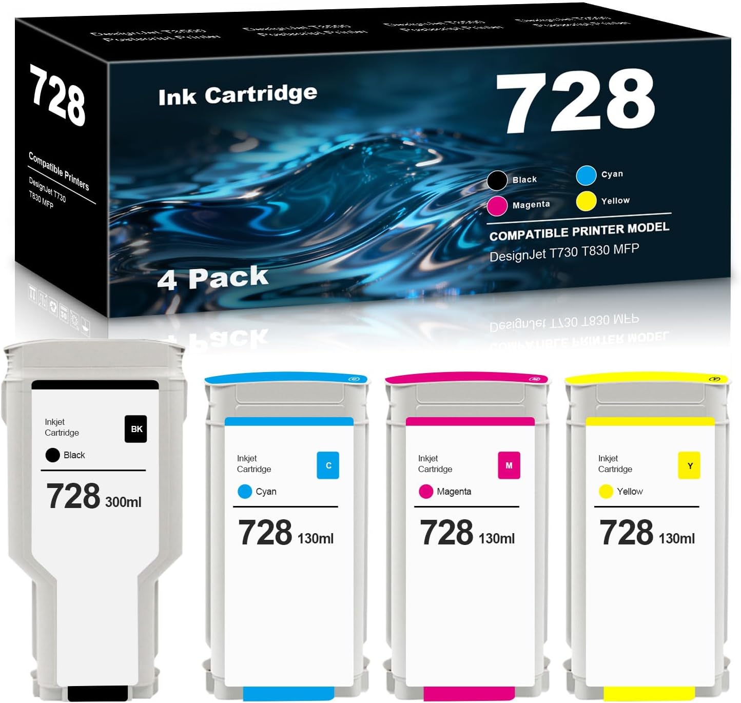 High Yield 728 XL 728XL Ink Tank Replacement Set for HP 728 Ink Cartridges for DesignJet T730 T830 MFP Large Format Plotter Printer F9J68A F9K17A F9K16A F9K15A (4 Pack, BK, C, M, Y)