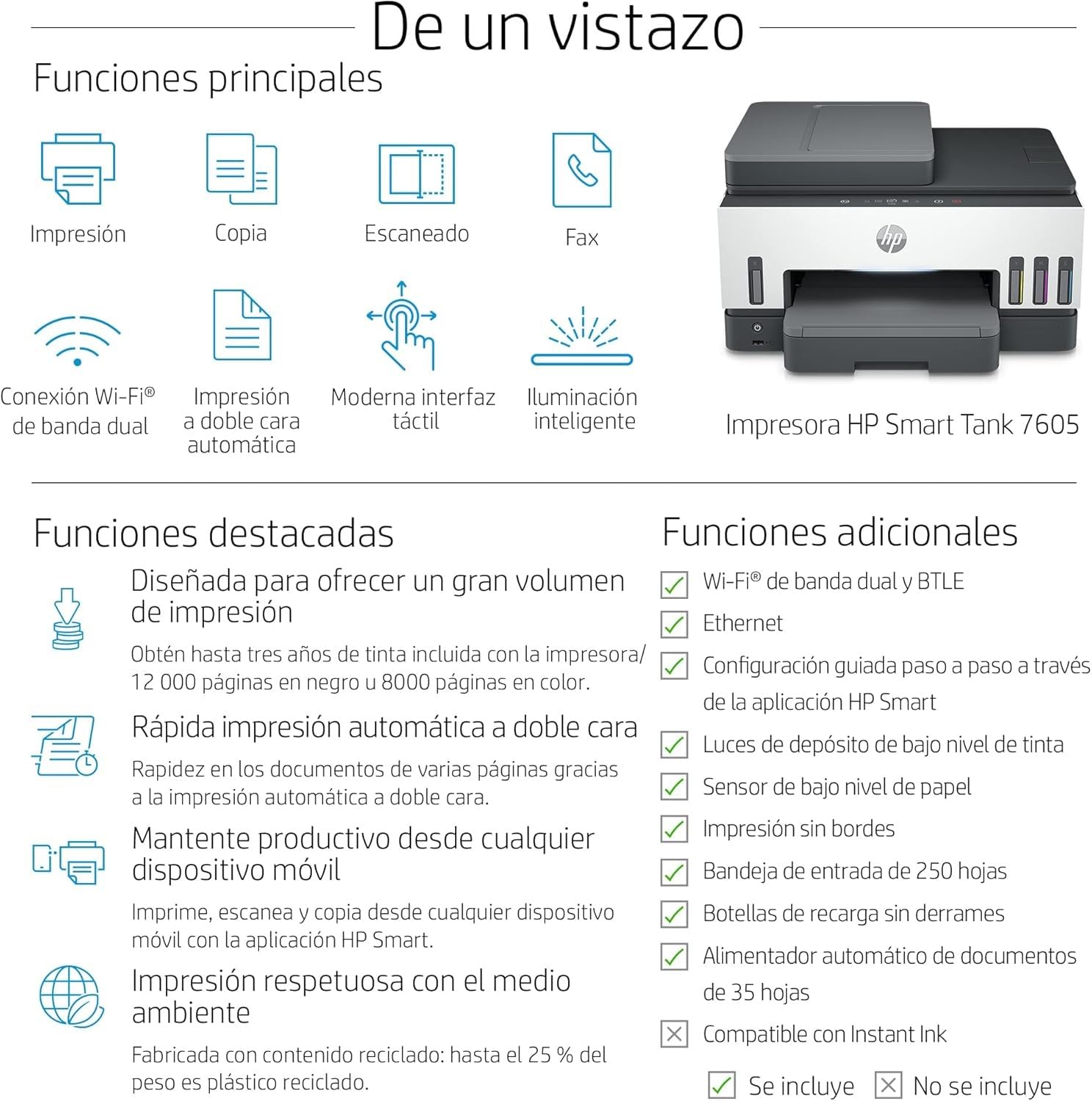 HP Smart Tank 7605 28C02A - Impresora A4 Multifunción con Deposito de Tinta Recargable, Impresión a Color, Escaner, Copiadora, Fax, Wi-Fi, Smart App, Blanco y Negro