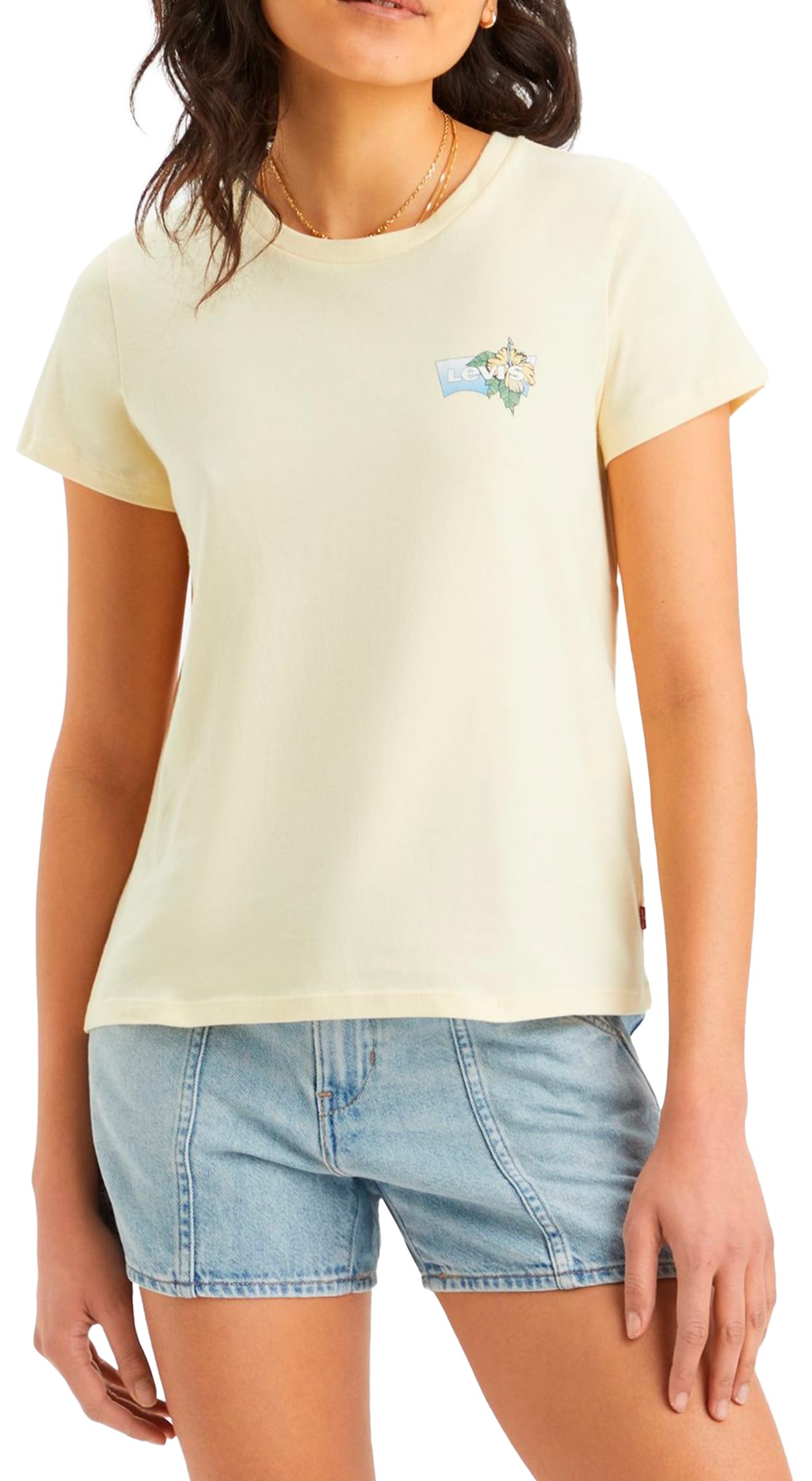 Levi's Women's The Perfect Tee- Chest Graphic Logo T-Shirt, Single Hibiscus Bw F, XXS