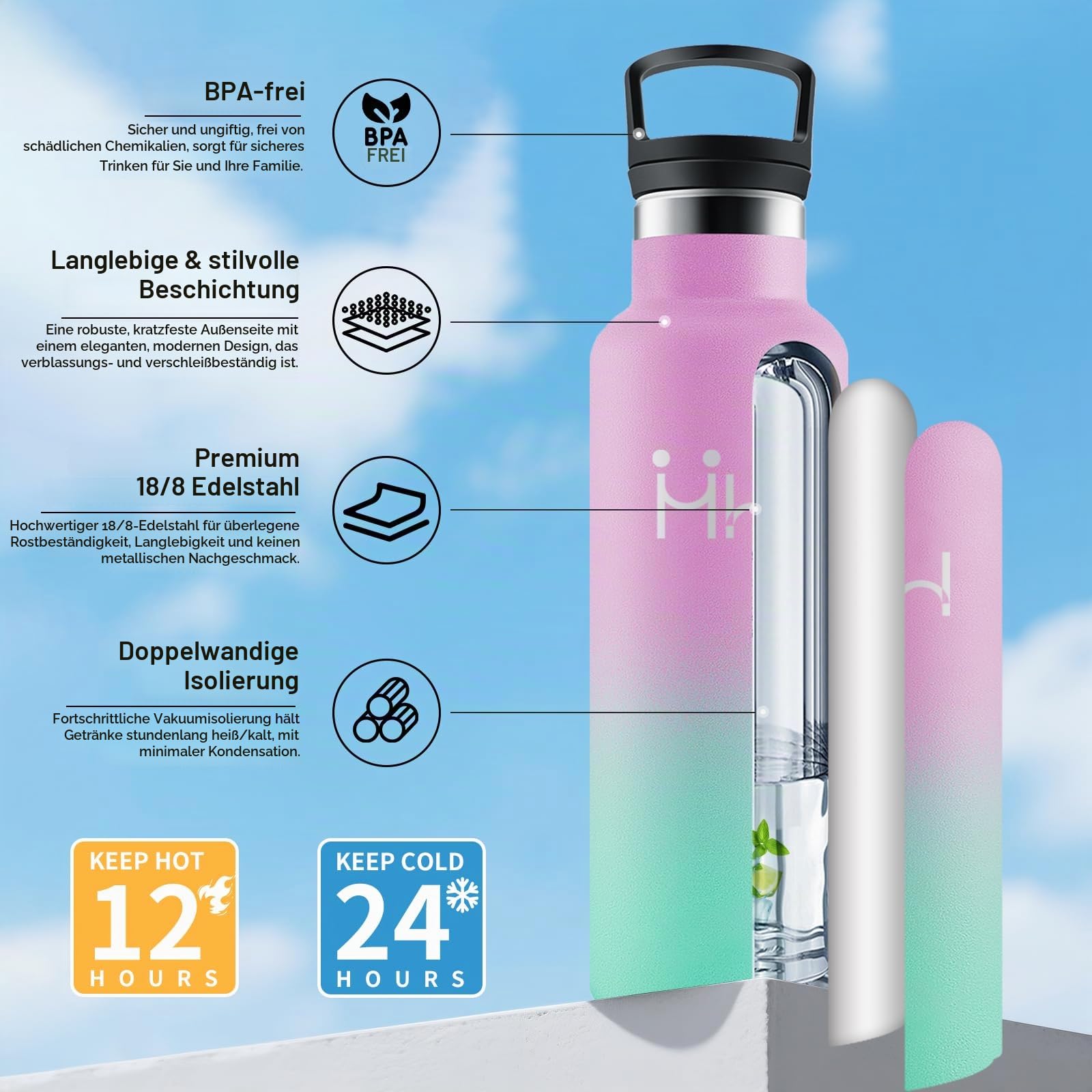 Trinkflasche Edelstahl 500ml, Auslaufsichere Isolierflasche mit Strohhalm, Kohlensäure Geeignet, Einhandöffnung, Vakuum Thermosflasche… – Ansicht 2