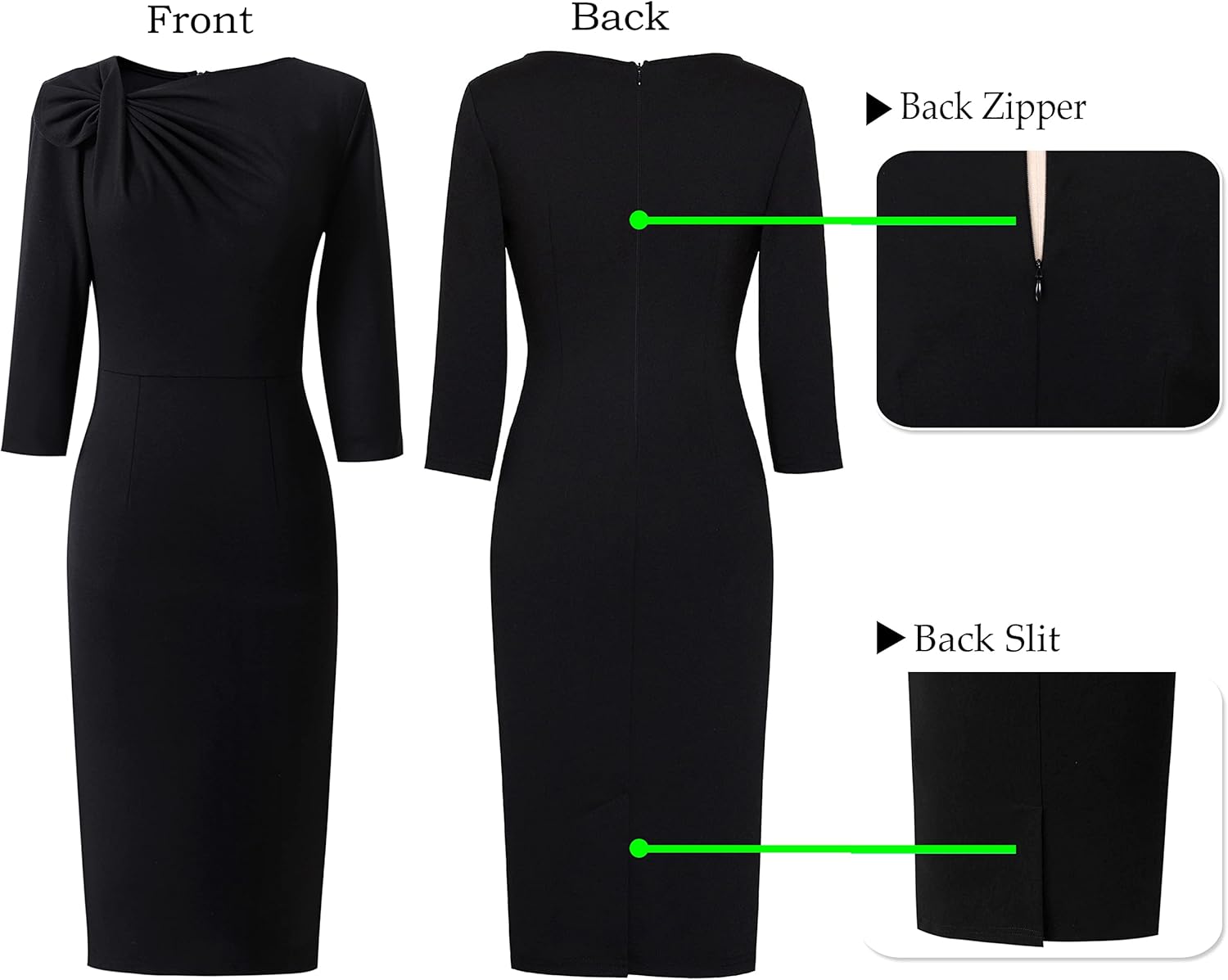 VFSHOW Womens Pleated Asymmetric Bow Neck Work Business Office Church Cocktail Party Pencil Sheath Dress - Image 4