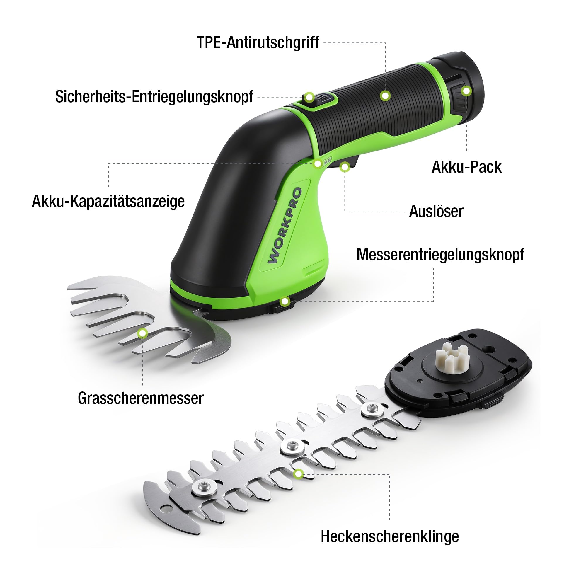 WORKPRO Gartenschere Akku 12V, 2 in 1 Gras- & Strauchschere mit 2 Messern | Schnittbreite 125 mm, Schnittlänge 160 mm, 2000 mAh Akku, Heckenschere Elektrisch für Rasenkanten, Strauchschnitt