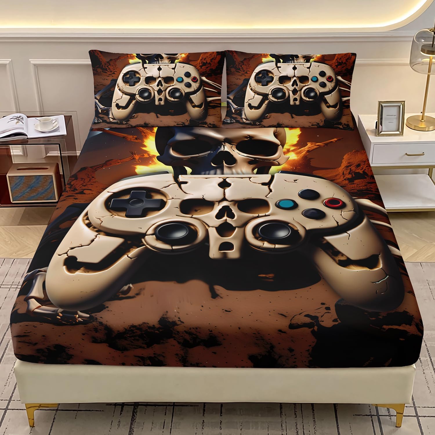 AILONEN Skull Gamepad Fitted Sheet Set Twin XL Size, Gaming Bedding Set for Kids,Boys Girls,Boho Skeleton Bones Bed Sheet Set,3-Piece, 1 Fitted Sheet and 2 Pillowcases,Soft Breathable Game113 Twin XL