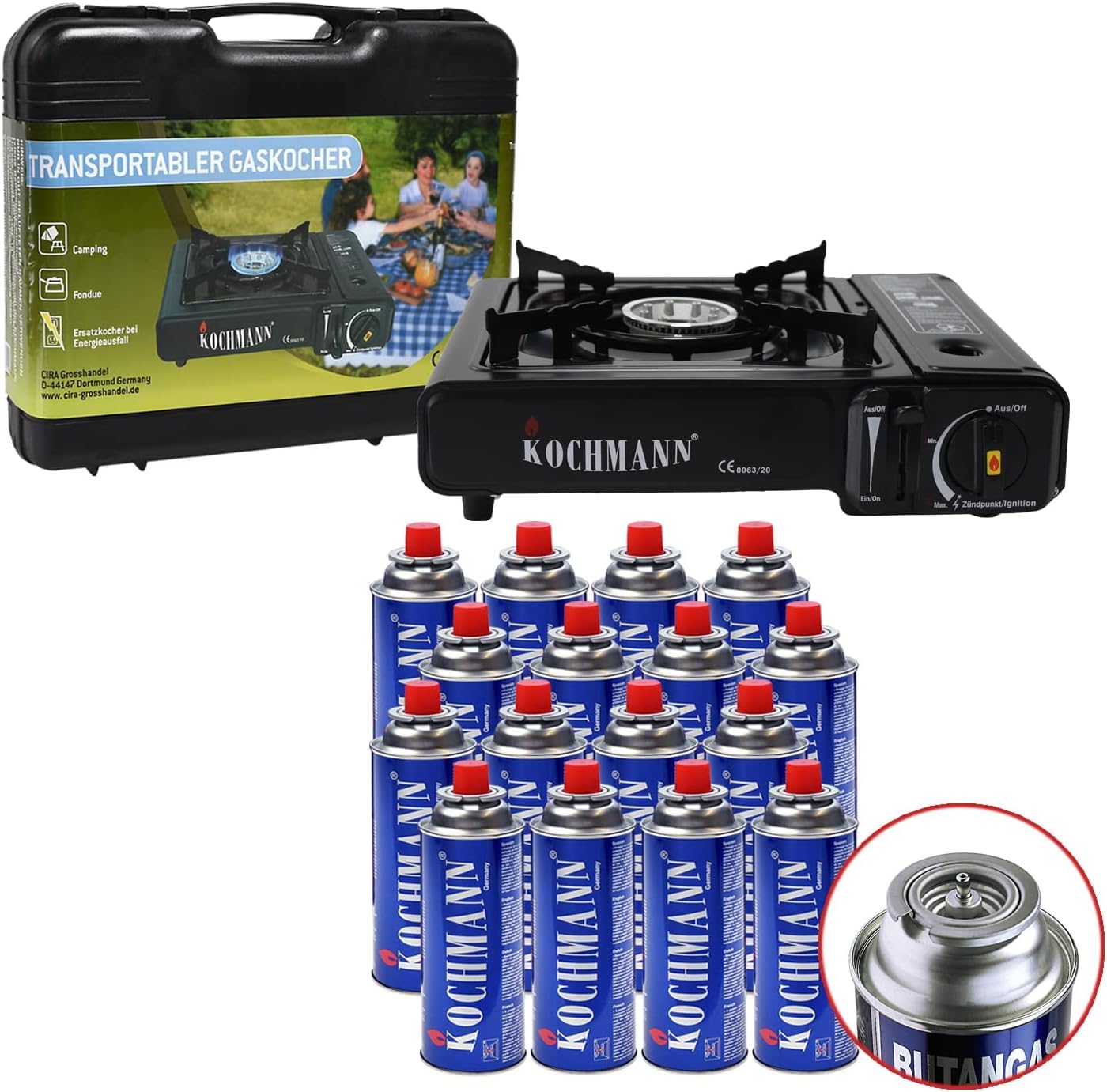 Kochmann® Gaskocher + 16 Gaskartuschen inkl. Tragekoffer, 1-flammig Campingkocher Camping Gas Kocher Kartusche