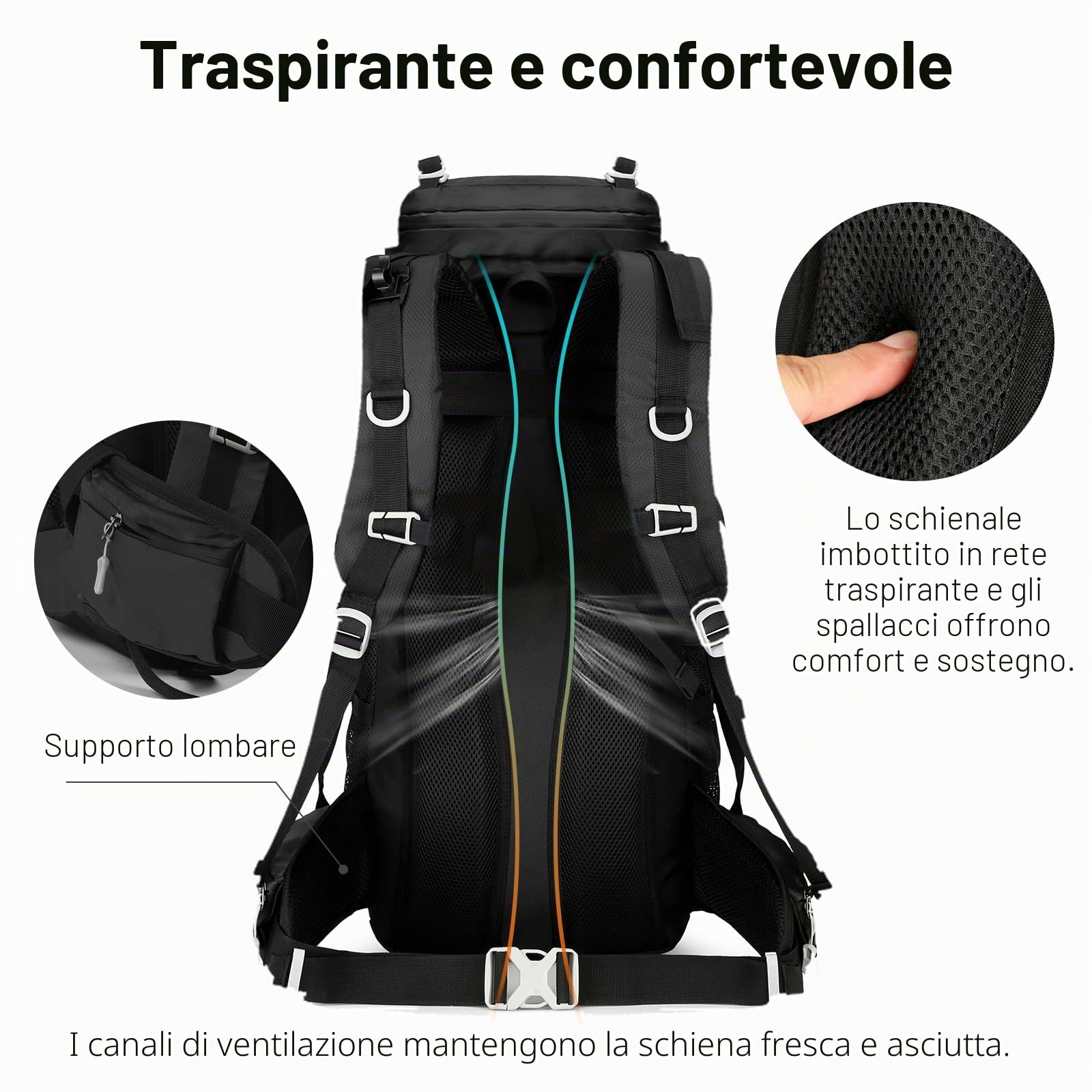 Zaino da trekking impermeabile da 60L per uomini e donne, grande zaino da campeggio con copripioggia, zaino da trekking con rete posteriore per viaggi trekking backpacking, Nero , ‎60L