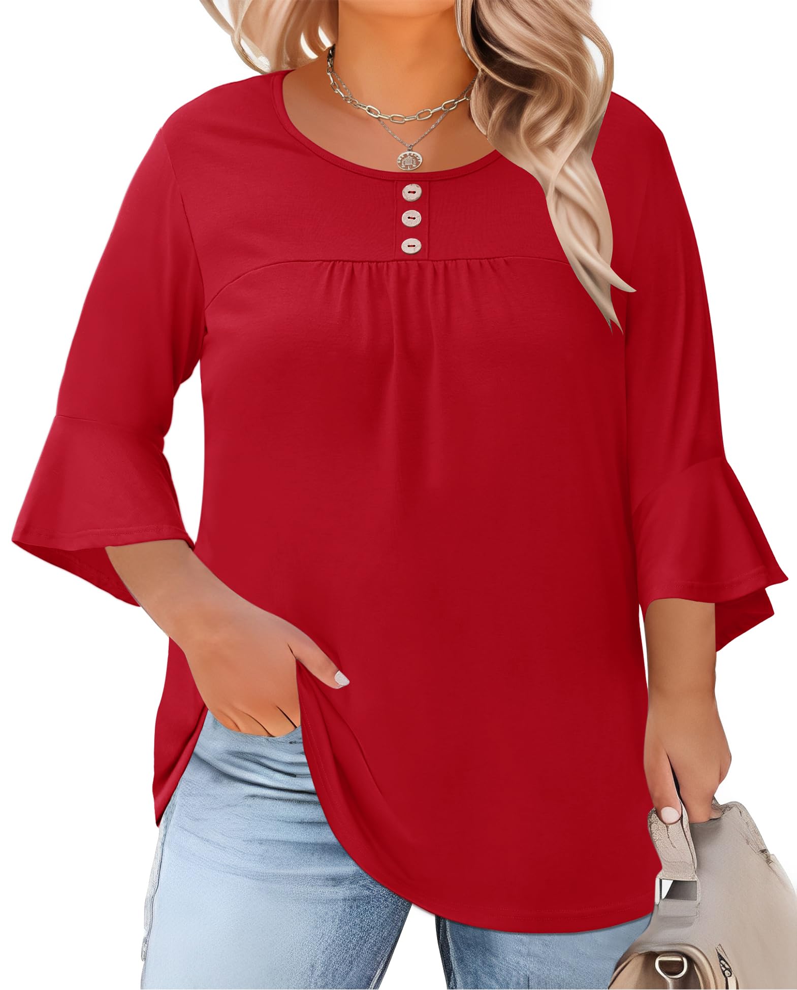 Plus Size Tops for Women 3/4 Ruffle Sleeve Crew Neck Button Down Pleated Blouses Casual Fashion Tunic (1X-5X)