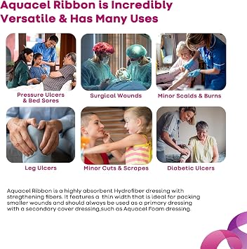 ConvaTec AQUACEL Hydrofiber 0.75x18 Ribbon Dressing with Strengthening Fiber for Packing Small Wounds, Medical Grade, Absorbant, Non-Woven, Sterile, 5ct Box