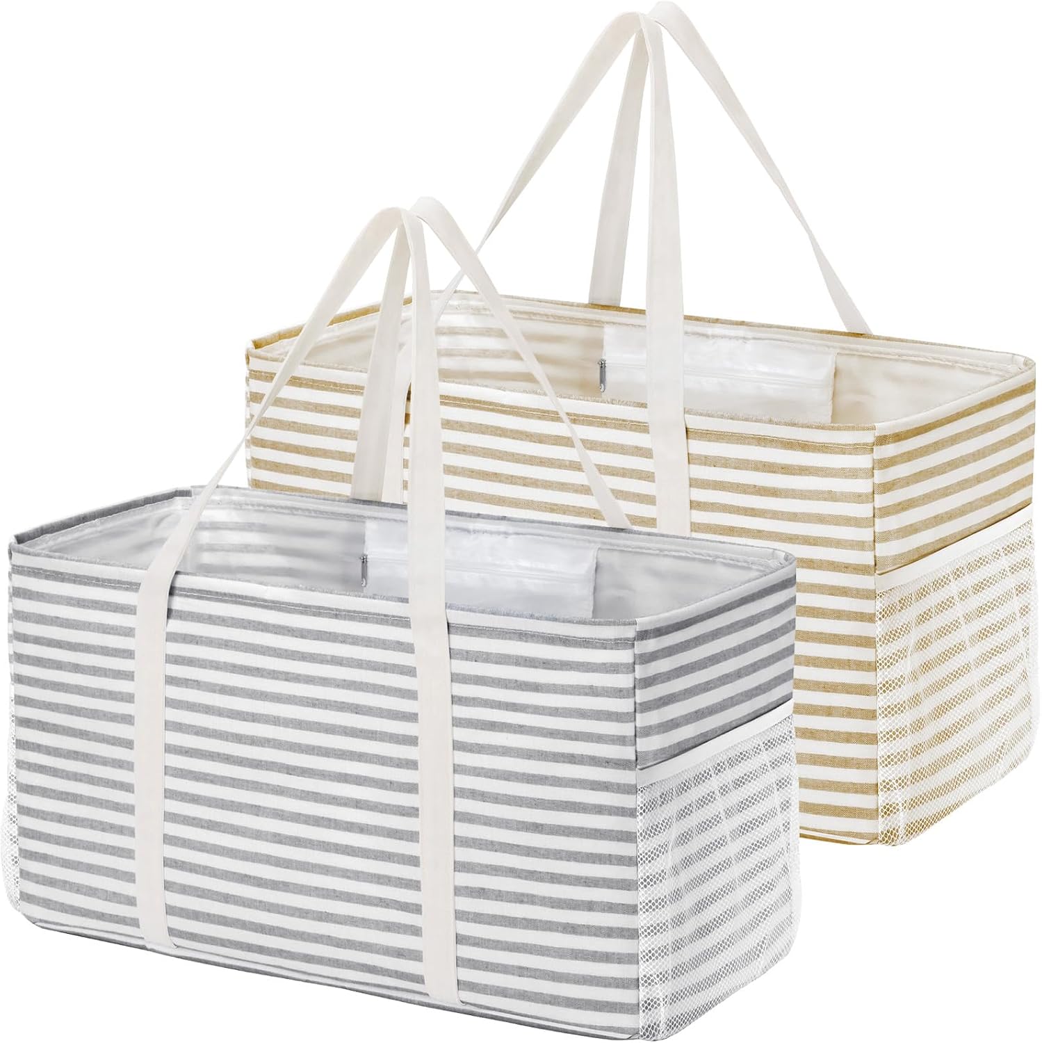 Lifewit Extra Large Tote Bag 1 Pack Gray and 1 Pack Beige, Reusable Grocery Bags with Metal Wire Frame and Handles, Standing Utility Foldable Shopping Bags for Storage/Picnics/Beach/Pool/Laundry/Car
