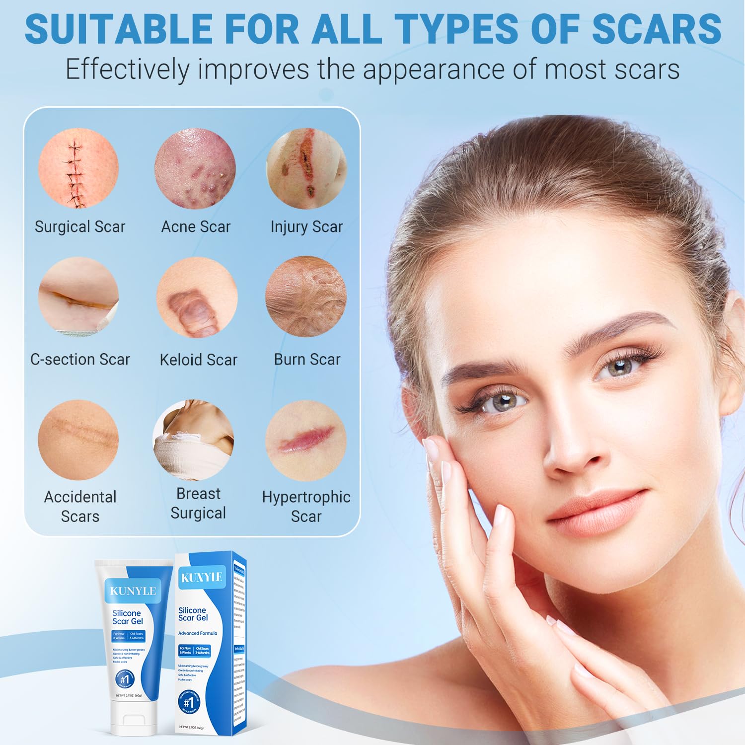 Silicone Scar Gel, Scar Cream, Advanced Scar Stick for Surgical Scars, Stretch Marks, Keloid Bump Removal, Old and New Scars 2.11oz (60g)