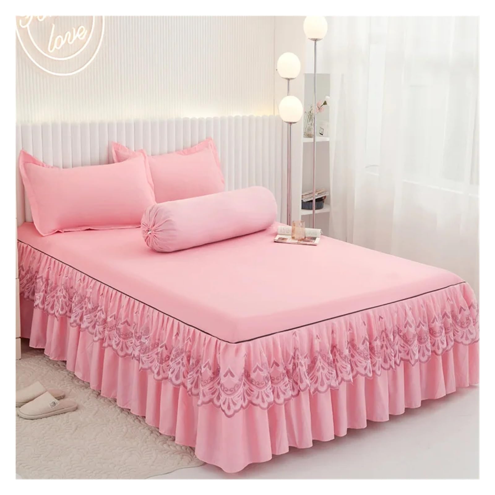 Ruffles Bed Skirt with Pillowcase Solid Mattress Cover Bedclothes Fitted Bed Sheet Single Double Size Home Textile(Pink,180x200cm-3pc)