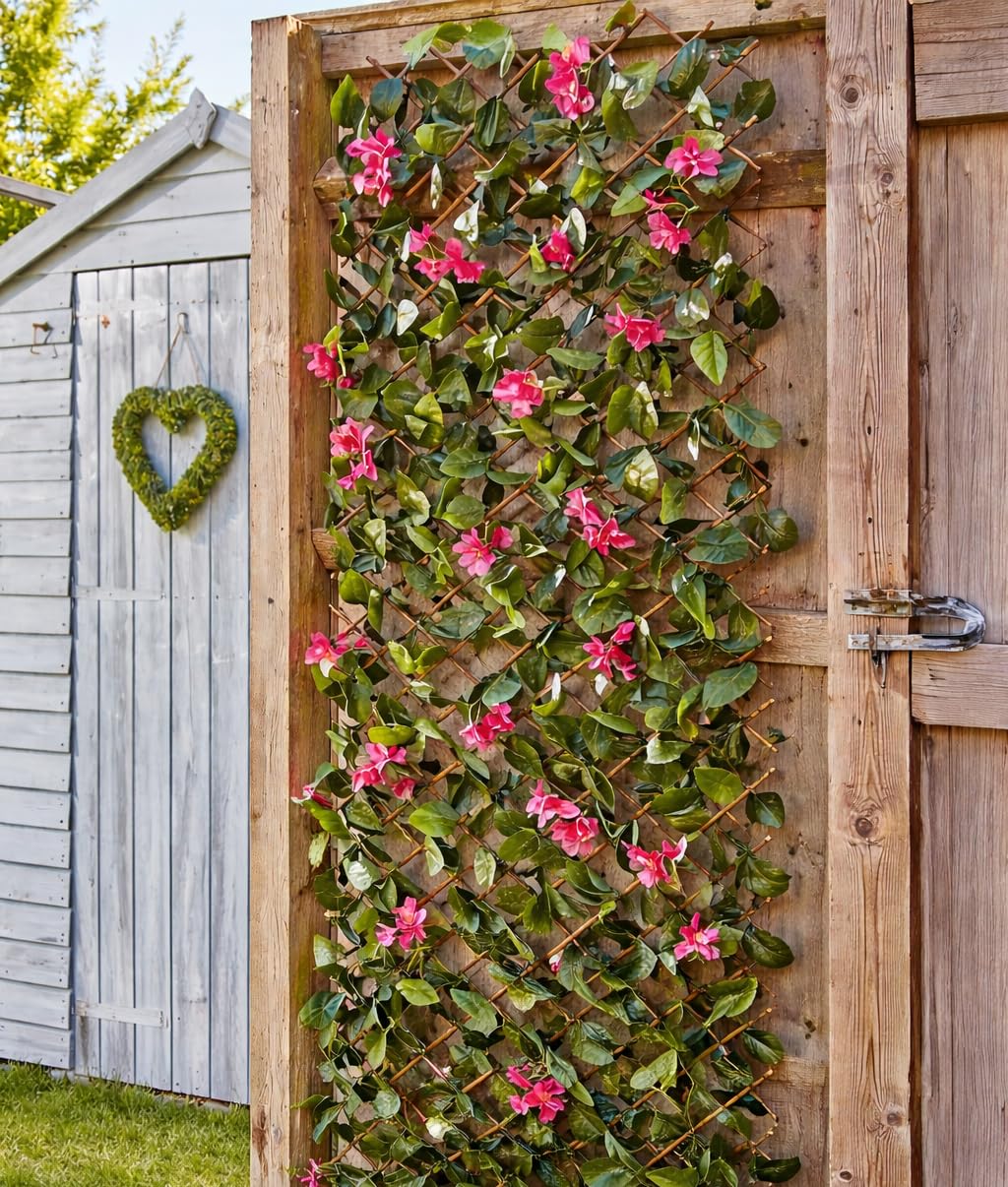 Garden Mile 180Cm Pink Floral Trellis 180X60cm Outdoor Artificial Trellis - Durable Expanding Fence Panel With Flowers & Leaves - Wooden Garden Trellis Panels For Fence Screening, Privacy Screen & Balcony Decor