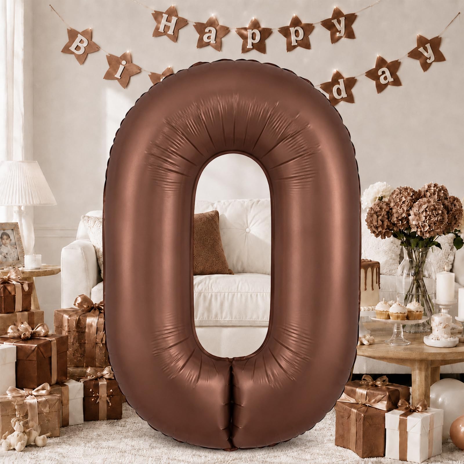 40 Inch Dark Brown Numbers Balloons 0-9, Self Inflating Chocolate Brown Foil Number 0 Helium Balloon for Boy Girl, Big Digit 0 Balloons for Women Men 30 40 50 60 70 80 100 Birthday Party Decorations