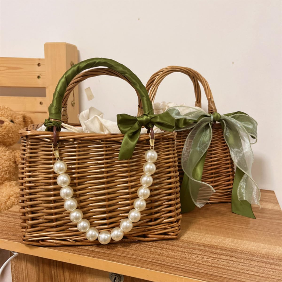 ULTECHNOVO Borsa da Spiaggia in Paglia Intrecciata a Mano Manico in Catena di Perle, Borsa Tote Estiva in Rattan Leggera e Capiente, per Vacanze, Mare e Uso Quotidiano