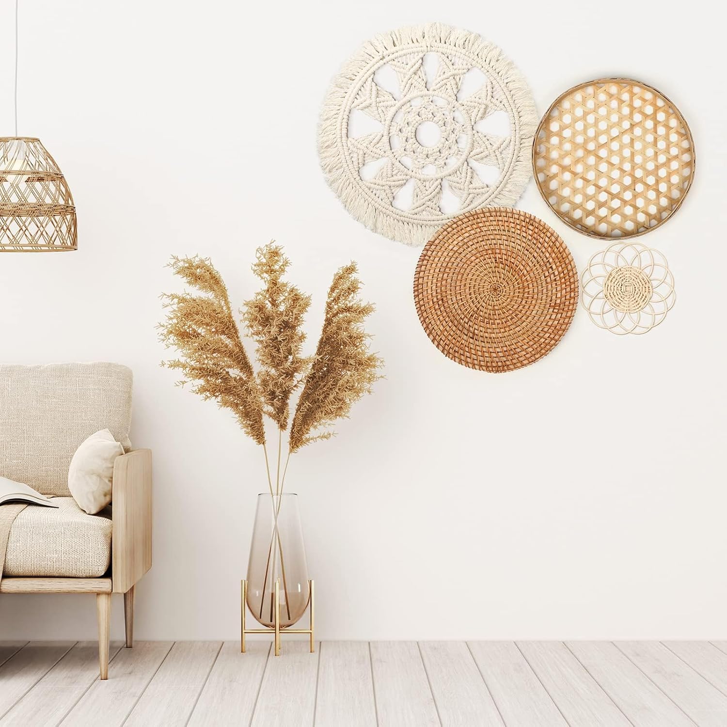 سلة ديكور حائط بنمط بوهو من 4 قطع، زهور الخيزران المجوفة المستديرة، سلال معلقة منسوجة مسطحة مع نسيج مكرمية بشراشيب، ديكور منزلي انيق لغرفة النوم وغرفة المعيشة 2026 - view 2