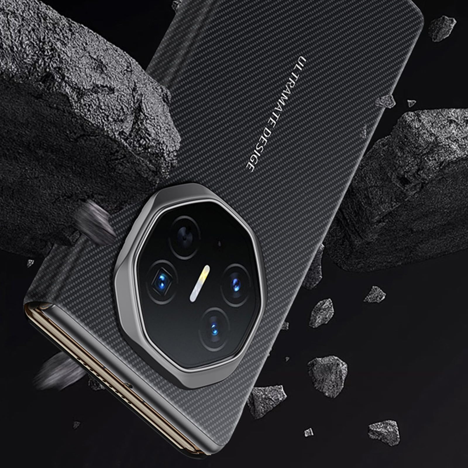 Magnetyczne etui do Huawei Mate XT, funkcja inteligentnego widoku okna z klapką tekstura włókna węglowego minimalistyczne skórzane etui czarne