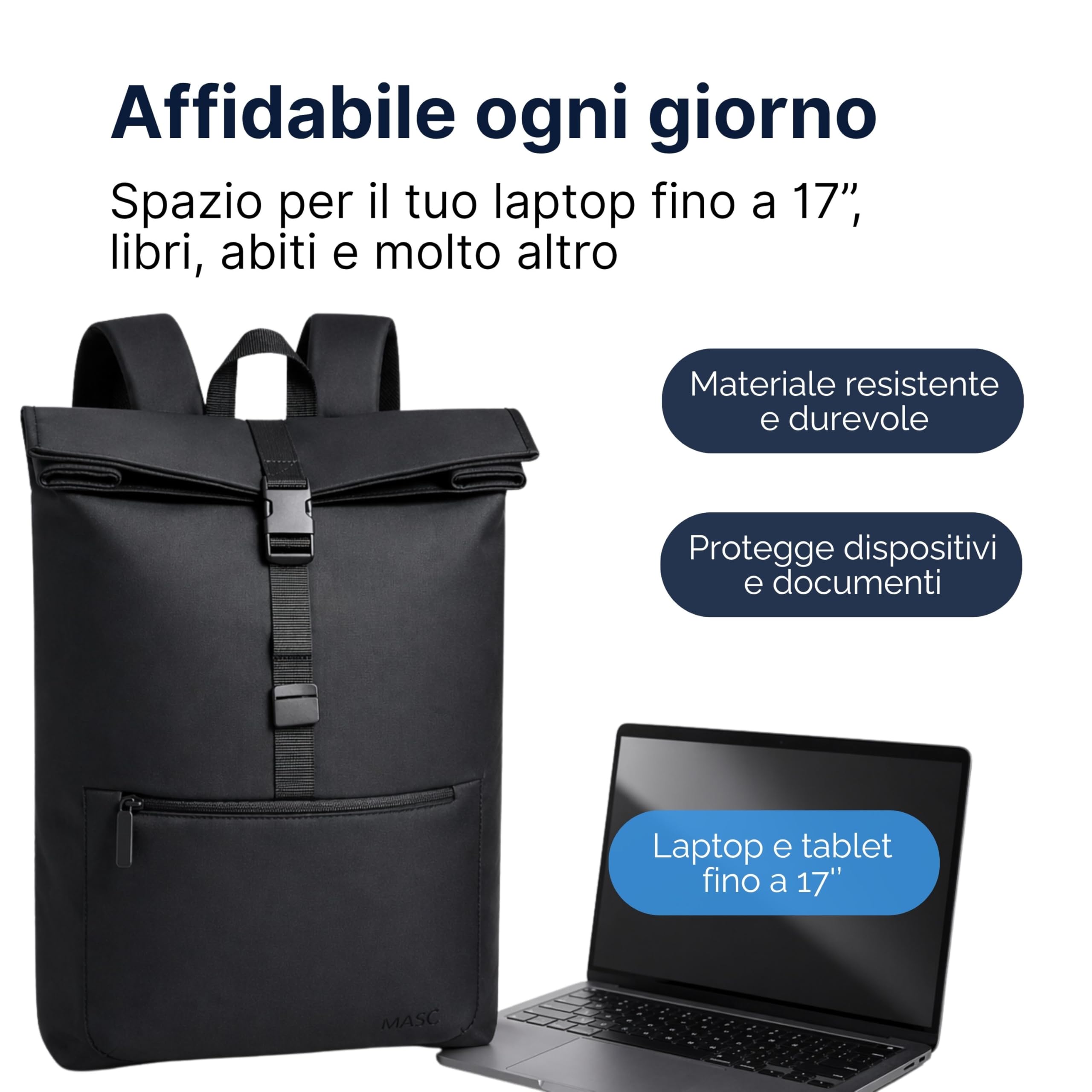MASC Zaino Rolltop Business, Zaino Urban Elegante Porta PC 17 Pollici, Espandibile e Ideale per Viaggi, Ufficio e Università