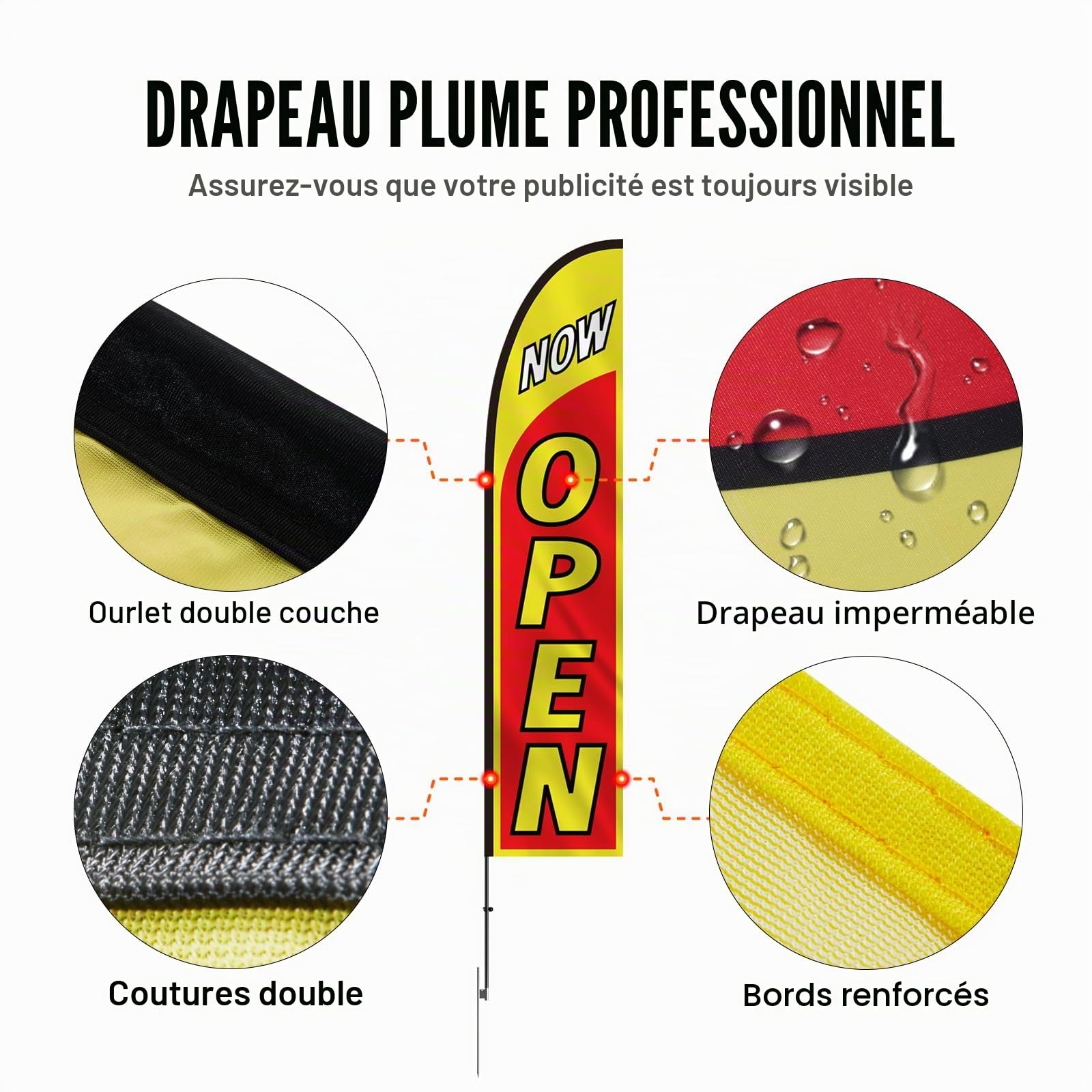 VEVOR Kit mâts de drapeau avec drapeaux plumes publicitaires, 3 drapeaux LOOK/OPEN/WELCOME, 3 poteaux, 3 piquets de sol, hauteur totale 498,5 cm pour entreprises, événement sportif, activité promo