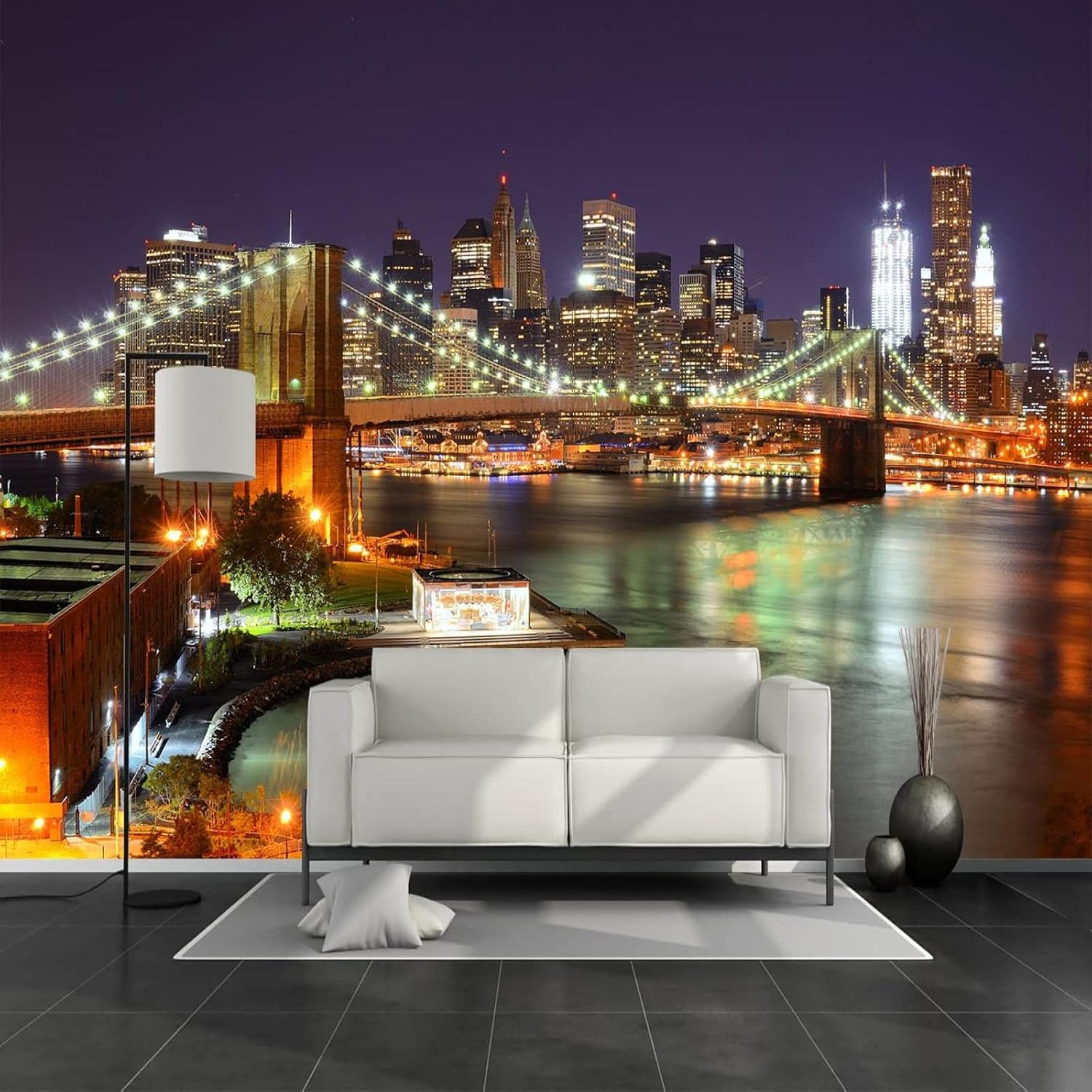 New York City Building Bridge 3D Wallpaper Mural, City Night View Photo Mural Wallpaper, Wallpaper Wall Sticker for Living Room Bedroom Study TV Background Decor Mural - 157.5"x 110.3"(W x H)