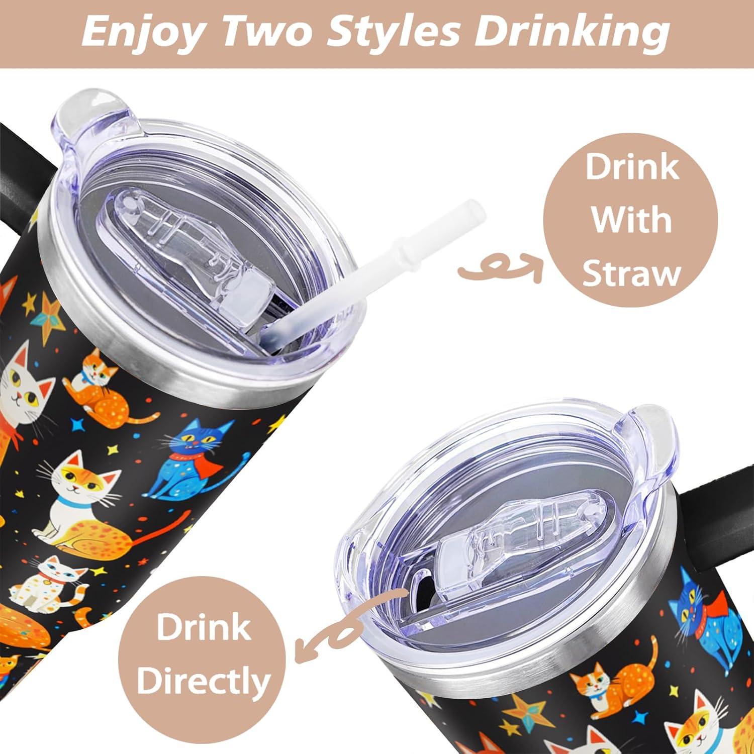 40 oz Cute Cat Tumbler with Handle and Straw Lid cat gifts for cat lovers for Women Double Insulated Cup Travel Coffee Mug - Image 4