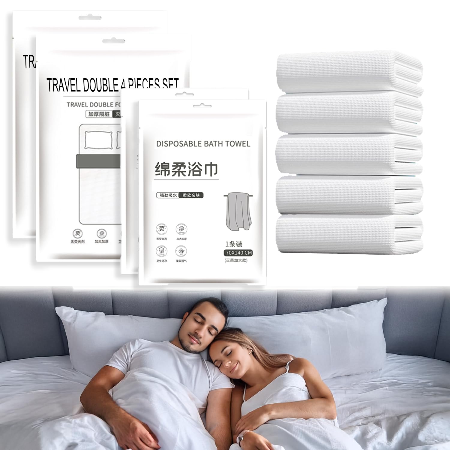 for Couple Travel 2 Sets of Bed Sheet and 2 Disposable Towel for Travel for King Size Queen