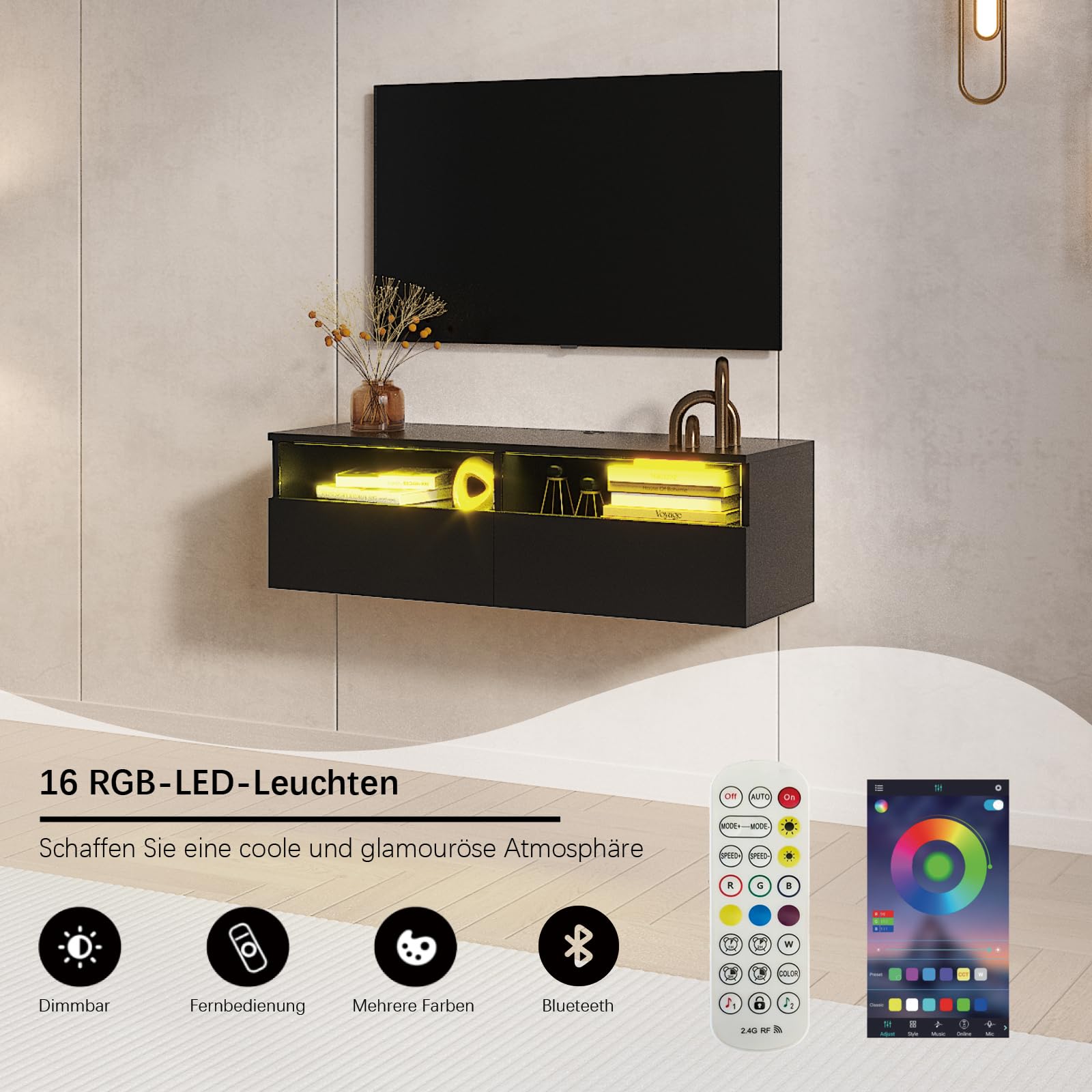 KEEPREAPER Lowboard 100cm TV Schrank mit LED-Beleuchtung hängend Schwarz | Fernsehschrank, griffloses TV-Board, 2 Schubladen mit Acryl für Wohnzimmer
