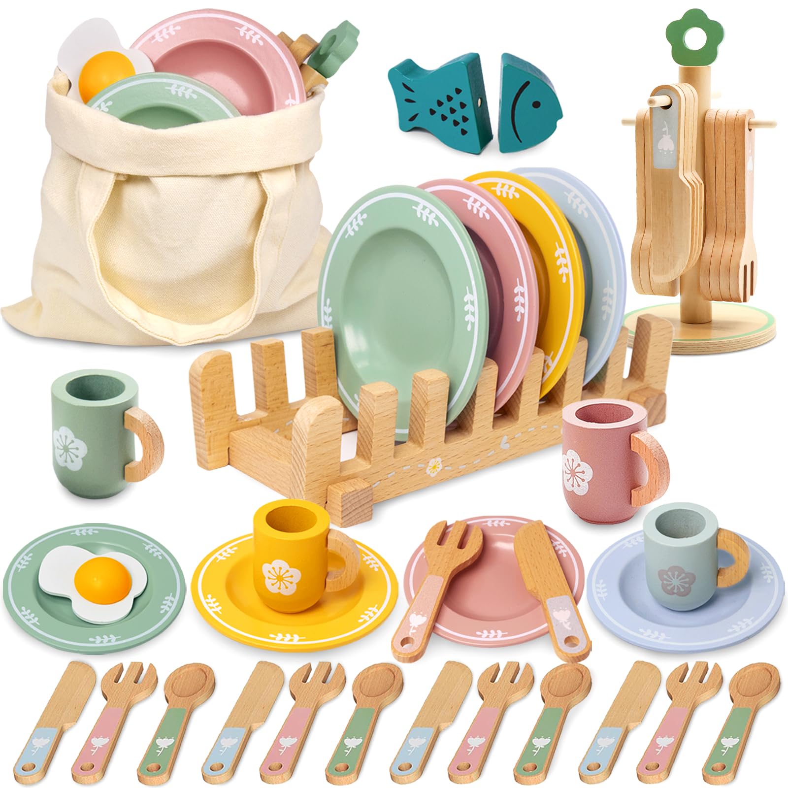 25PCS Wooden Tea Set, Pretend Play Kitchen Toys for Kids Age 3+, Plates, Cups, Cutlery & Tea Accessories Montessori Learning Toys Gift for Toddlers Boys & Girls