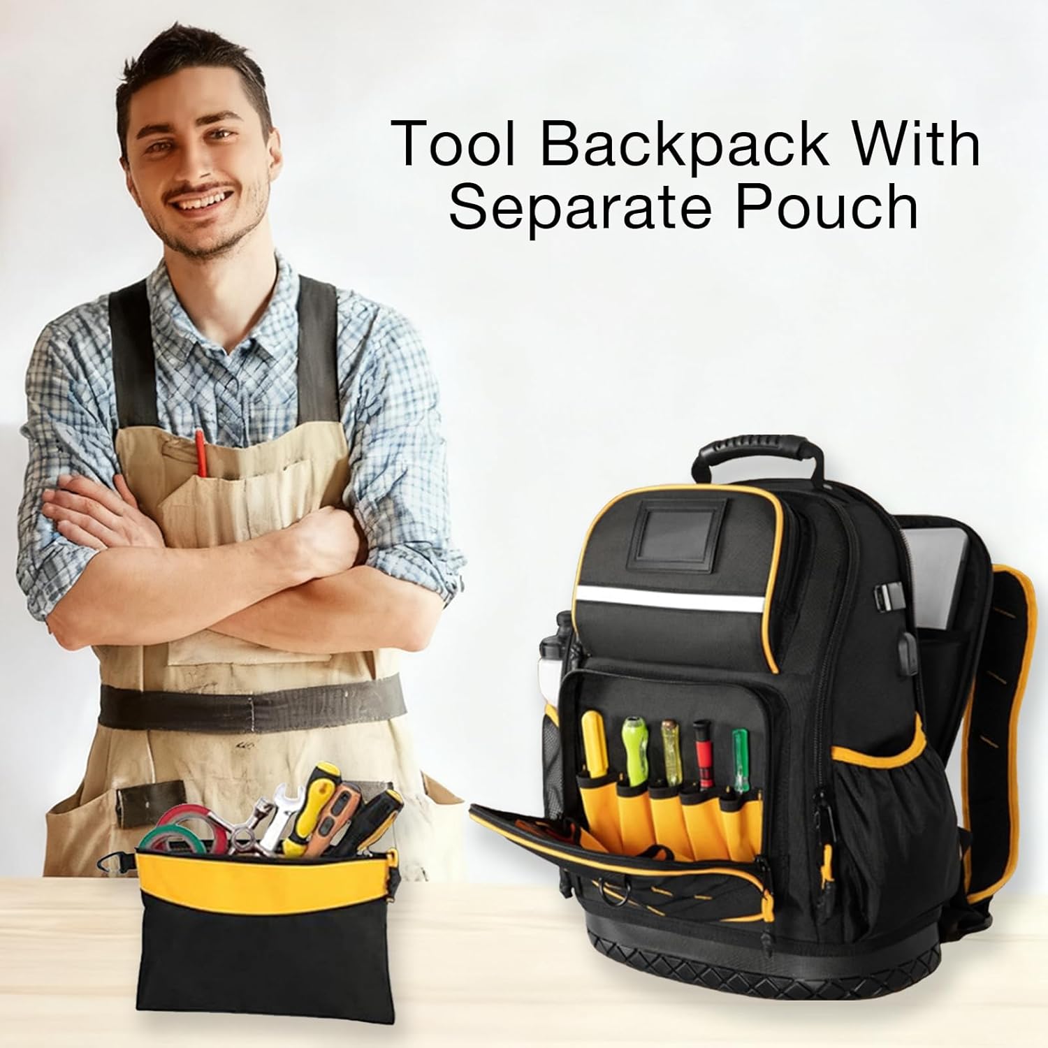 Heavy Duty Tool Storage Backpack with Molded Waterproof Hard Bottom, Large Capacity Jobsite Tool Bag Organizer with Small Tool Pouch, Fits 15.6" Laptop, Gifts for Electrician Men Tradesmen , Black