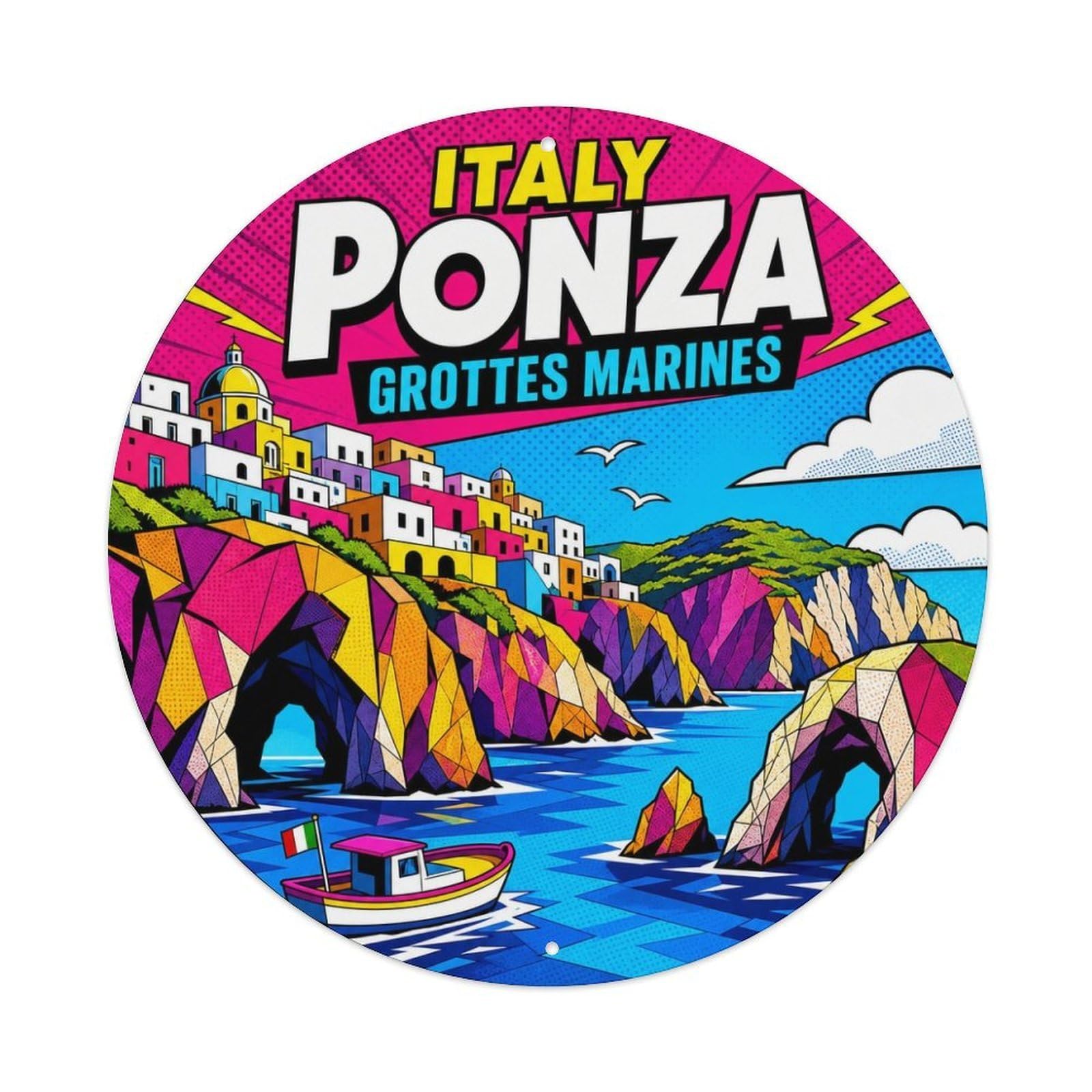 Ponza Grottes Marines Italian Pop Style Travel Landmark Metal Tin Sign Plaque Wall Decor for Cafe, Man Cave, Club Bar, Office, Home Garden Round Metal Poster 8x8Inch