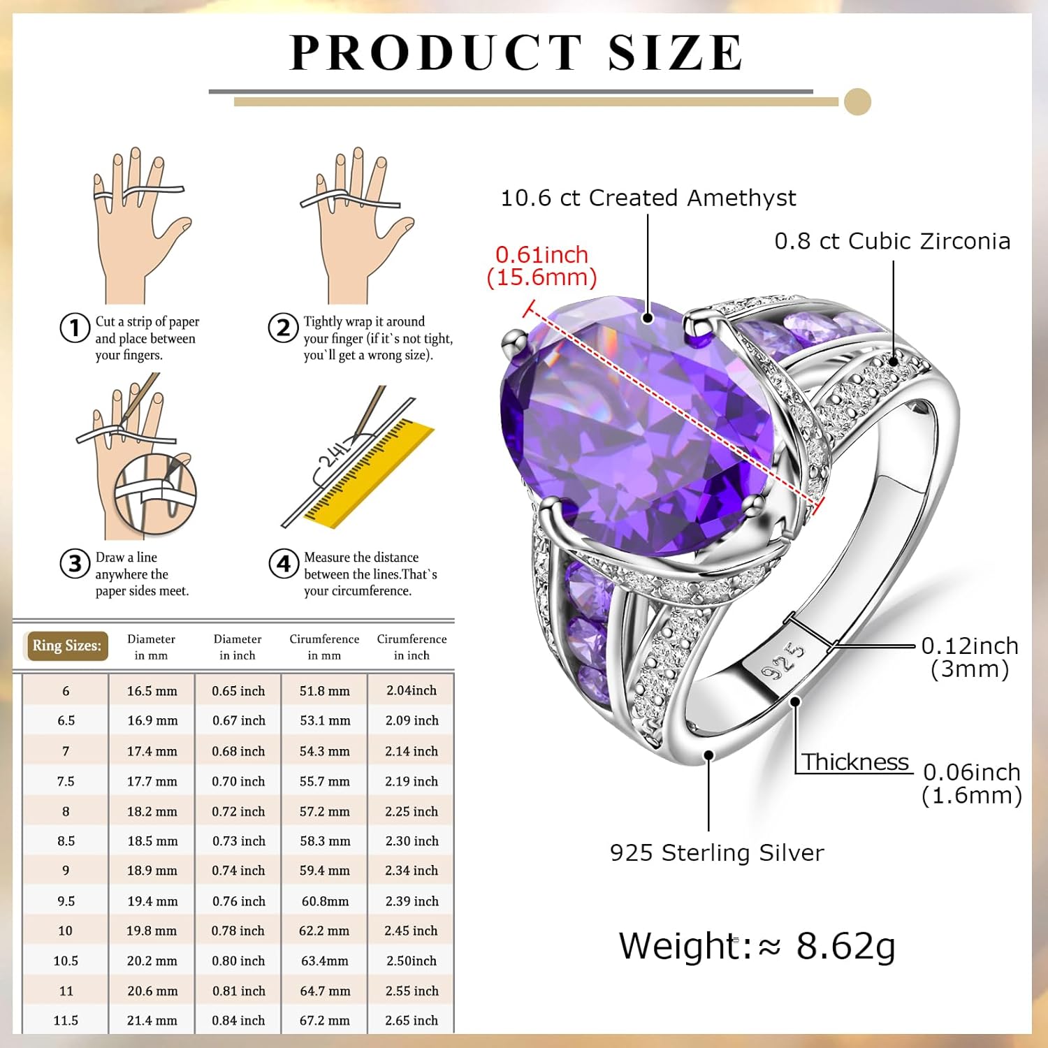 Emerald/Sapphire/Ruby/Tourmaline Rings for Women, 925 Sterling Silver Gemstone Engagement Anniversary Ring Big 6.5-8.5 Carat Birthstone Ring, Size 6 to 10 (Send Gift Box) - Image 6