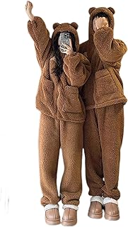 [LAVASEON] パジャマ 上下セット もこもこ レディース カップル用 ルームウェア 可愛い 動物柄 クマの耳 フリース あったか おもしろ フード付き 手袋付き ジッパー 裏起毛 厚手 保温 防寒 ゆったり 部屋着 秋冬