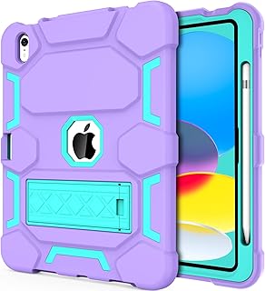 for New iPad 10th Generation Case 10.9 Inch 2022, iPad 10 Case with Kickstand & Pencil Holder, Heavy Duty Shockproof Hybrid Three Layer Protective Cover for Kids Girls, Purple+Green