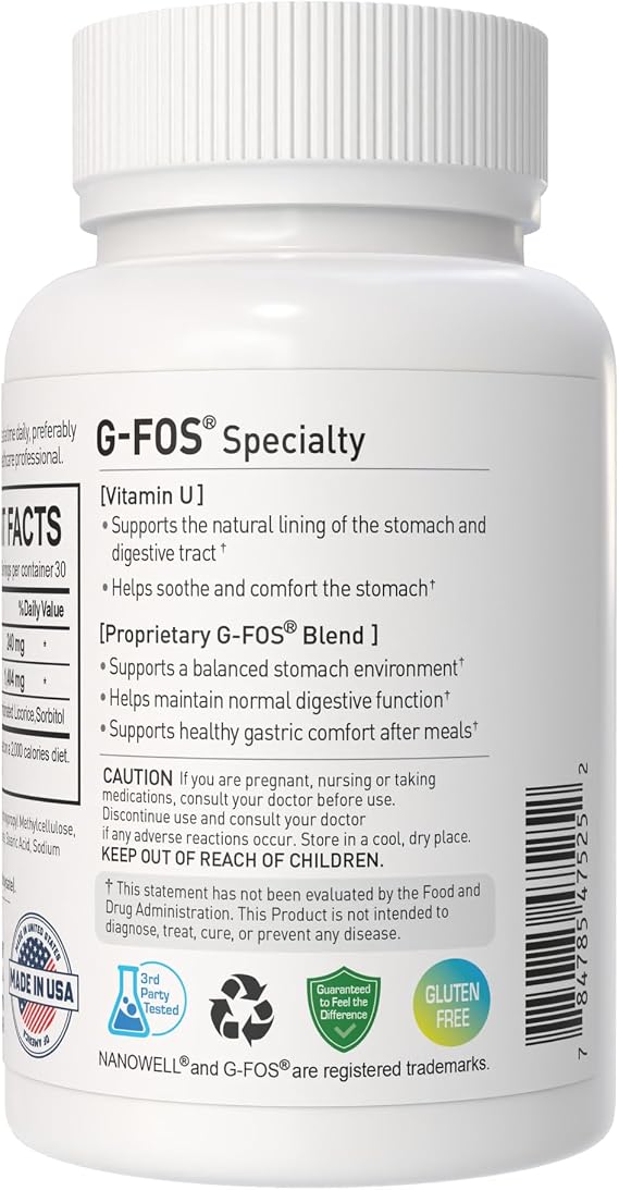 NANOWELL G-Fos Digestive Support, Vitamin U Cabbage Extract, 90 Tabs