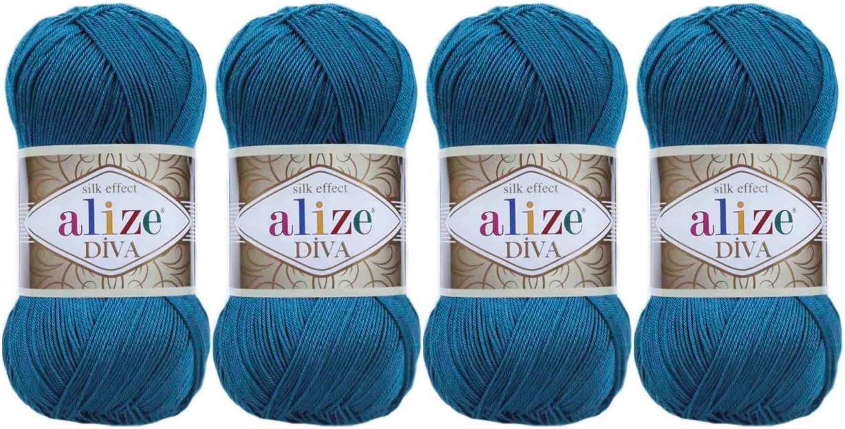 Hand Knitting Yarn 100% Microfiber Acrylic Yarn Alize Diva Silk Effect Thread Crochet Art Lace Craft Lot of 4 skeins 400gr 1532yds Color (646 Mykonos Blue)