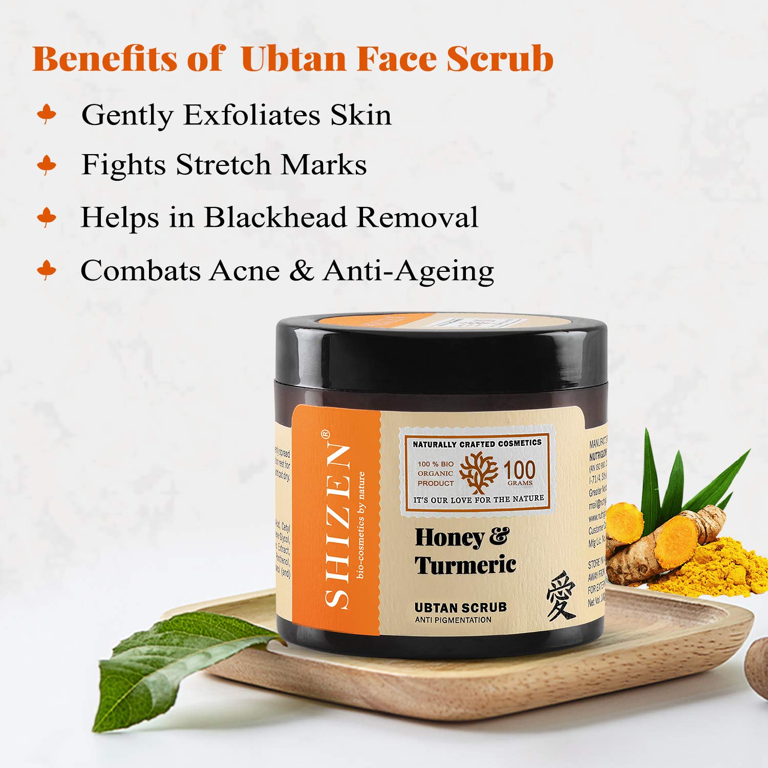 SHIZEN bio-cosmetics by nature Honey & Turmeric Ubtan Scrub For Instant Glow, Radiance, Pigmentation, Blackheads & Tan Removal 100% Organic (3.5 Oz / 100 gm) : Beauty & Personal Care