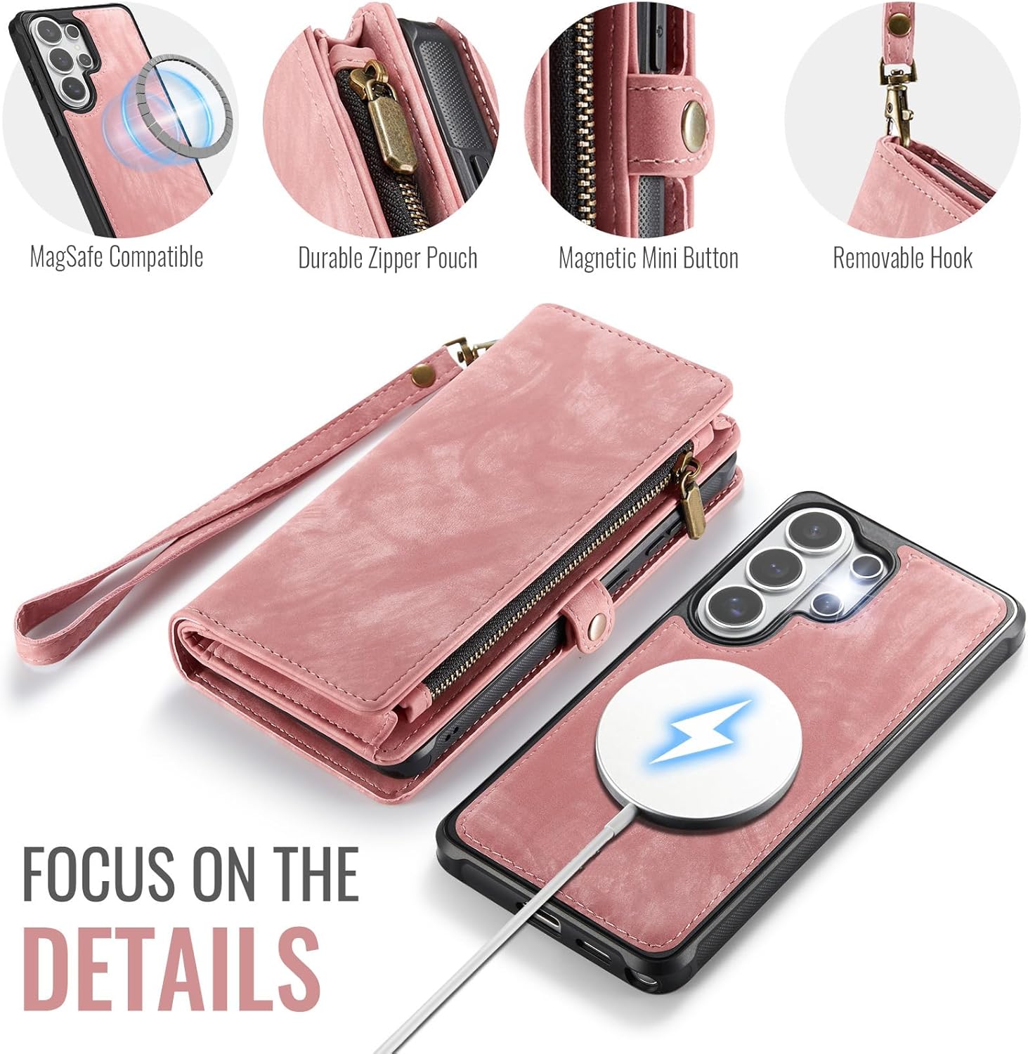 Phone Case for Samsung Galaxy S26 Ultra 5G Zipper Wallet Magnetic Detachable Cover with MagSafe Screen Protector and Flip Card Holder Cell S26Ultra 26S S 26 26Ultra SM-S948U 6.9 inch Women Men Pink
