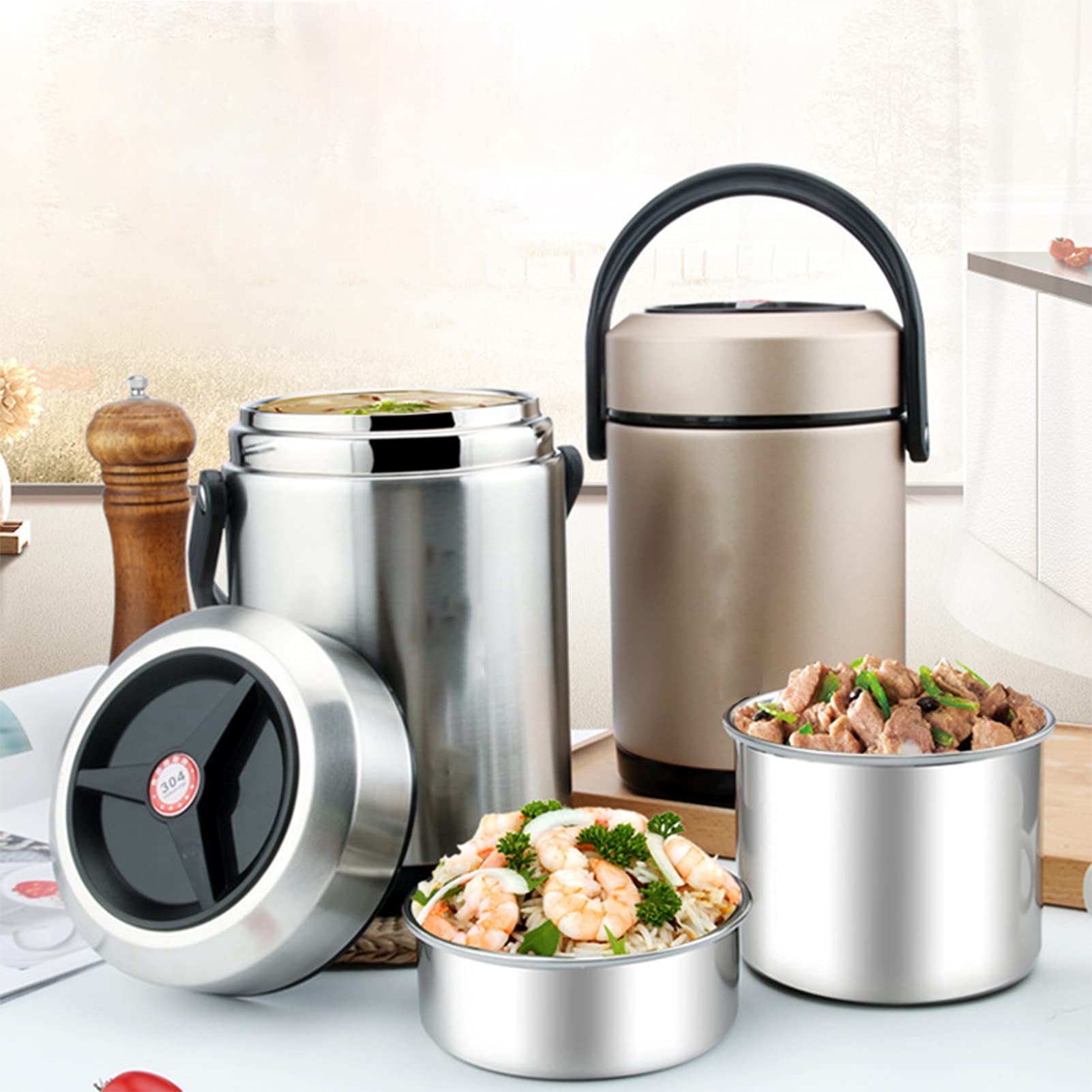 Fiambrera Térmica, Fiambreras Bento de Acero Inoxidable,Recipientes Termicos Comida a Prueba de Fugas, Frascos de Comida y Frasco de Sopa aislados para Escuela Oficina, los Viajes,Gris,1.6L